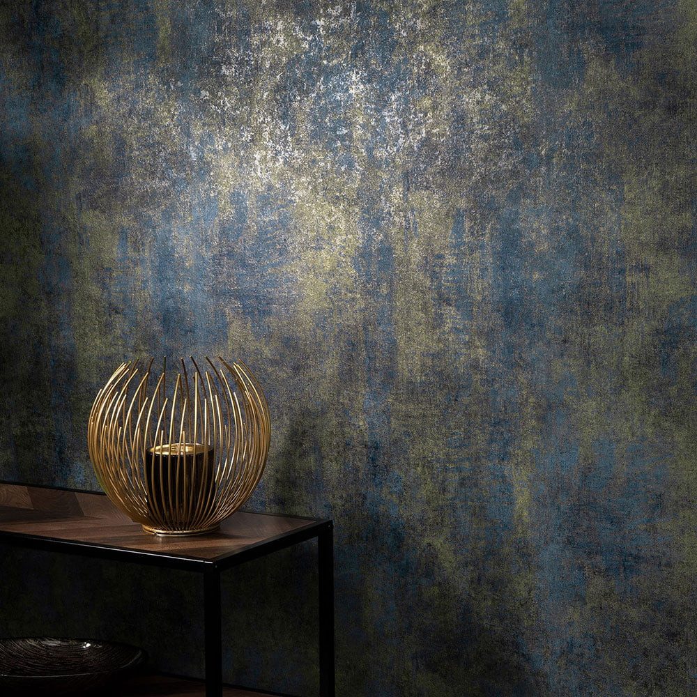 Erismann Vliestapete Shabby Betonoptik Patina Blau Gold Metallic 10438-08 Elle Decoration