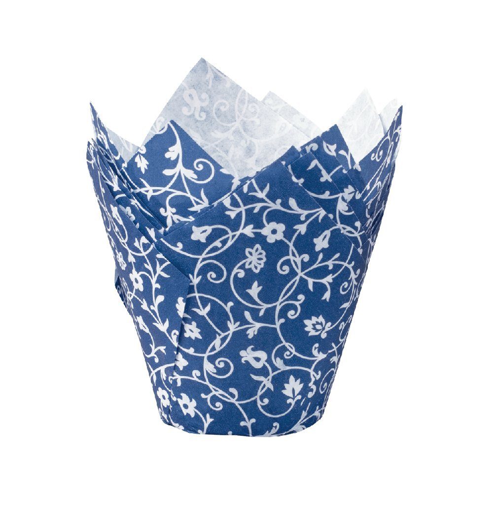 Demmler Muffinform 1616512410, Blau mit weißem Muster, Papier Backform Tulip-Wraps - Inhalt 24 Stück - Made in Germany