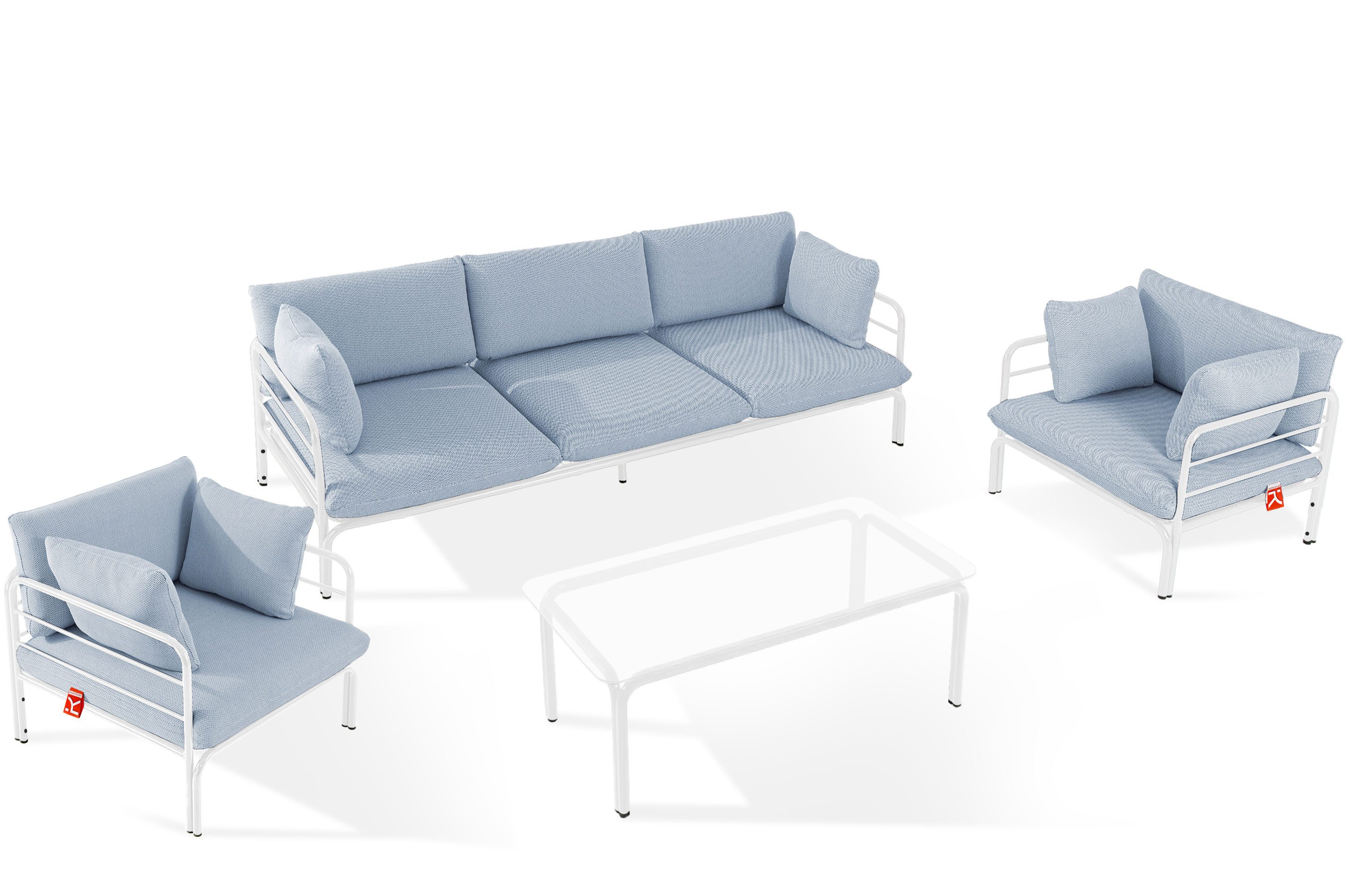 KONSIMO® Gartenlounge-Set RAMBE Gartenmöbelset, hergestellt in der EU, (4-tlg., 1x Tisch, 2x Sessel, 1x Sofa 3-Sitzer, Gewicht des Sets ca. 87 kg), handgefertigt, Loft, mit Auflage, Stahlrahmen