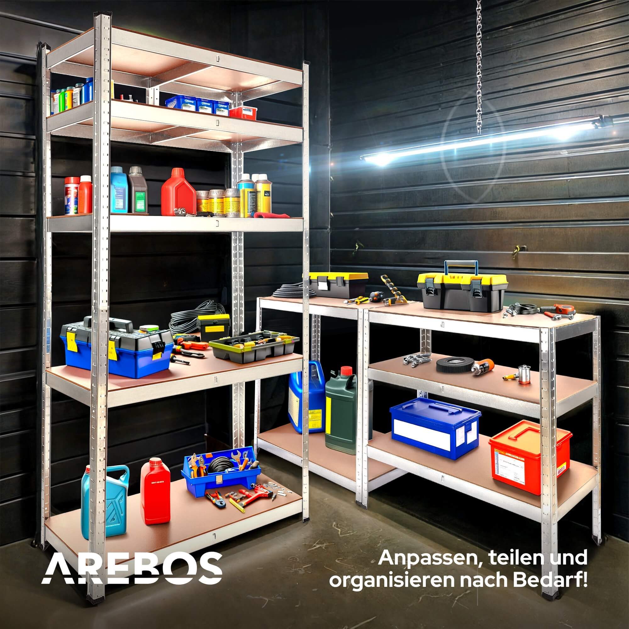 Arebos Schwerlastregal 180x90x40 cm, 5 Böden, 875 kg Traglast, Steckregal, Lagerregal, Set 2-tlg., Flexibel einsetzbar: für Werkstatt, Garage, Keller oder Lager – Bild 4 von 5