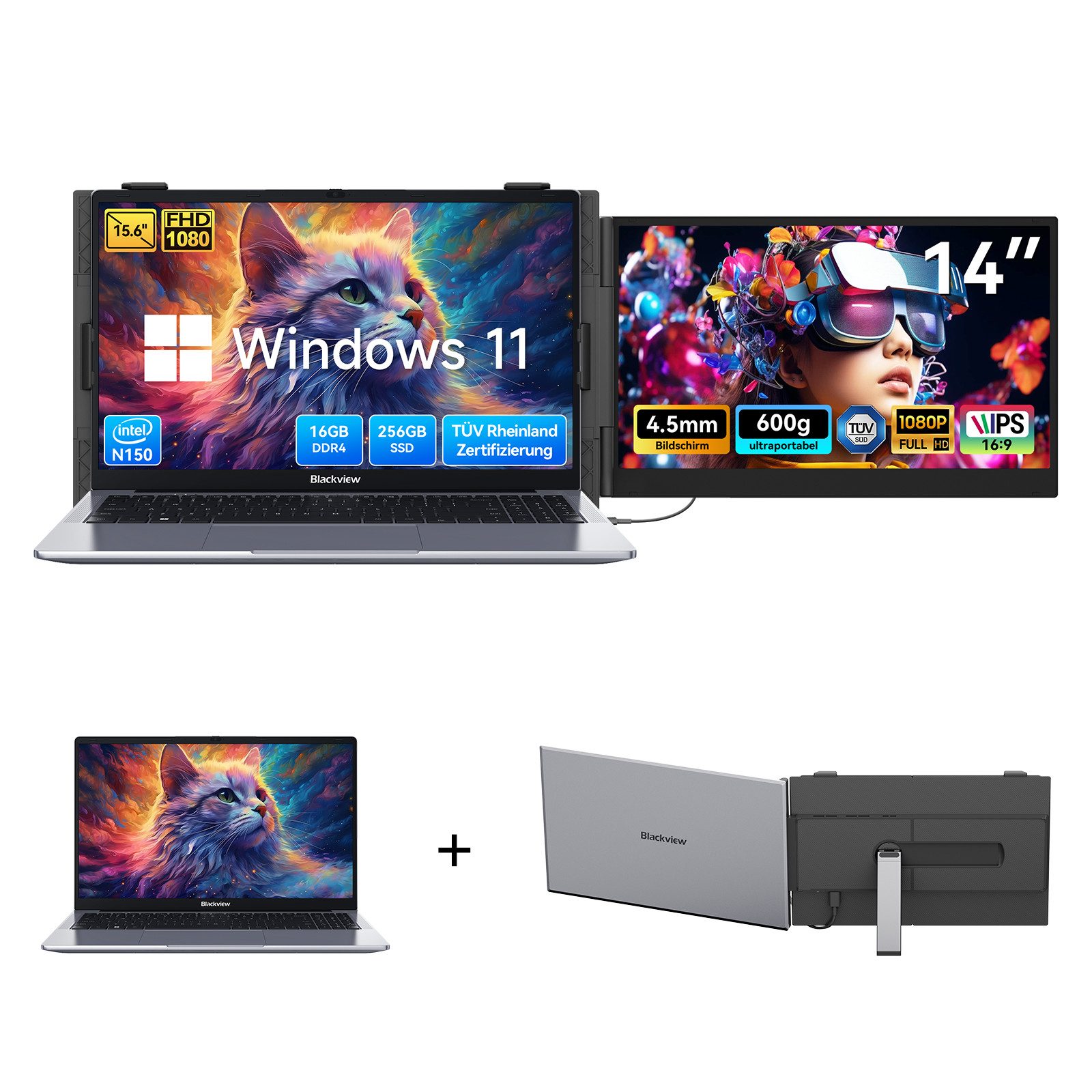blackview Intel N150 15.6" FHD Laptop 256/512GB Win 11 Notebook (Intel N150 Intel Twin Lake N150, 16 GB, 03 GB SSD, 180° Drehung/Low Blue Light-Zertifizierung/Deutsche Tastaturaufkleber)