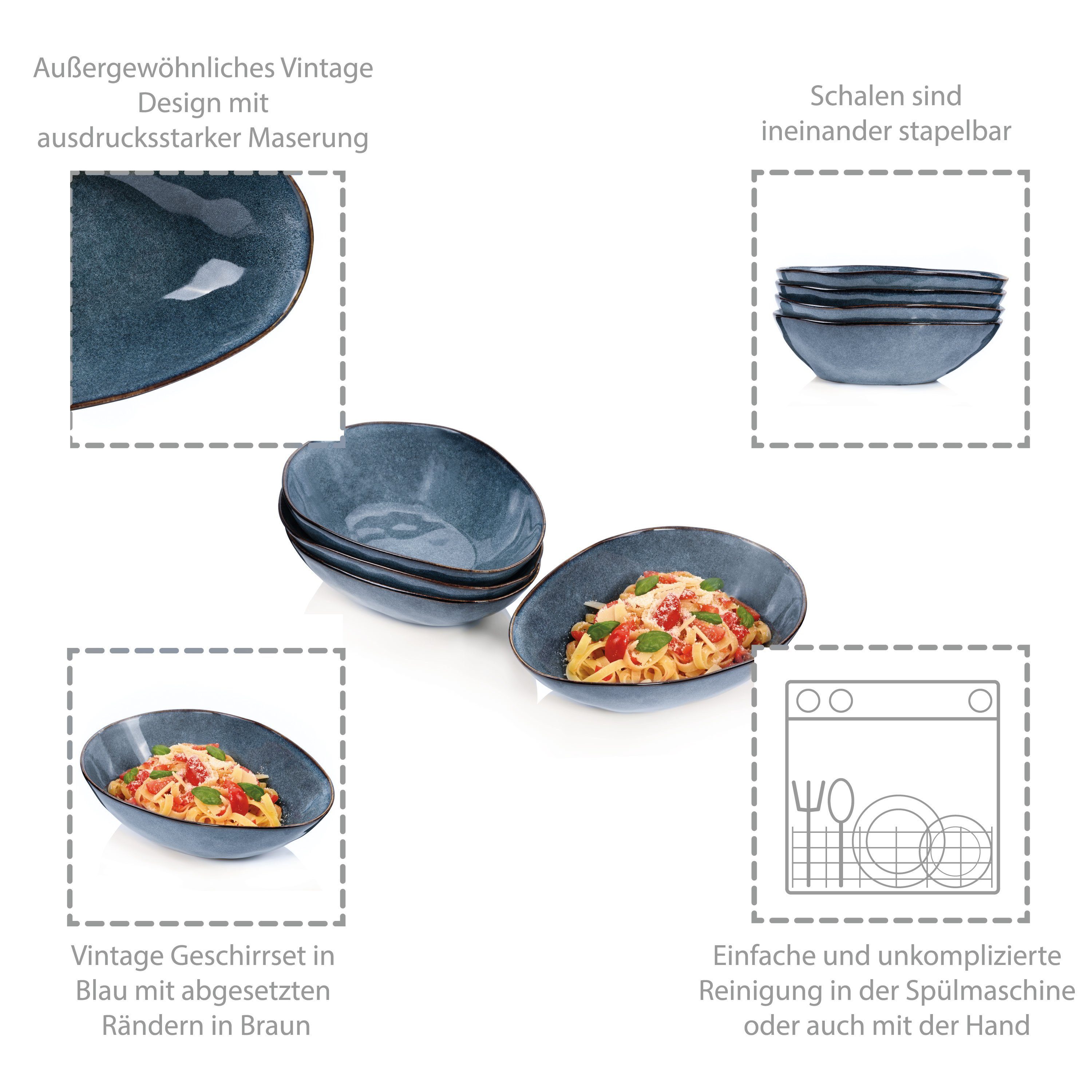 SÄNGER Pastateller Darwin Pastaschalen Set, (4 St), Handmade, 1000 ml, Blau, Premium Collection