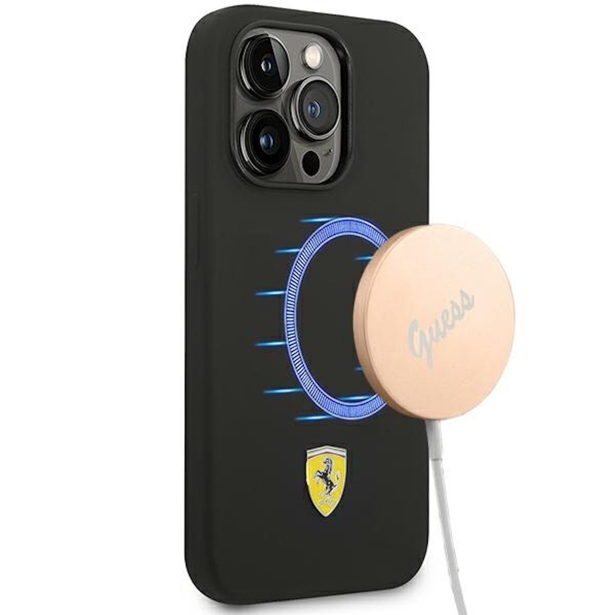 Ferrari Handyhülle Ferrari Silikon Metal Logo Magsafe Hülle für Apple iPhone 14 Pro Max