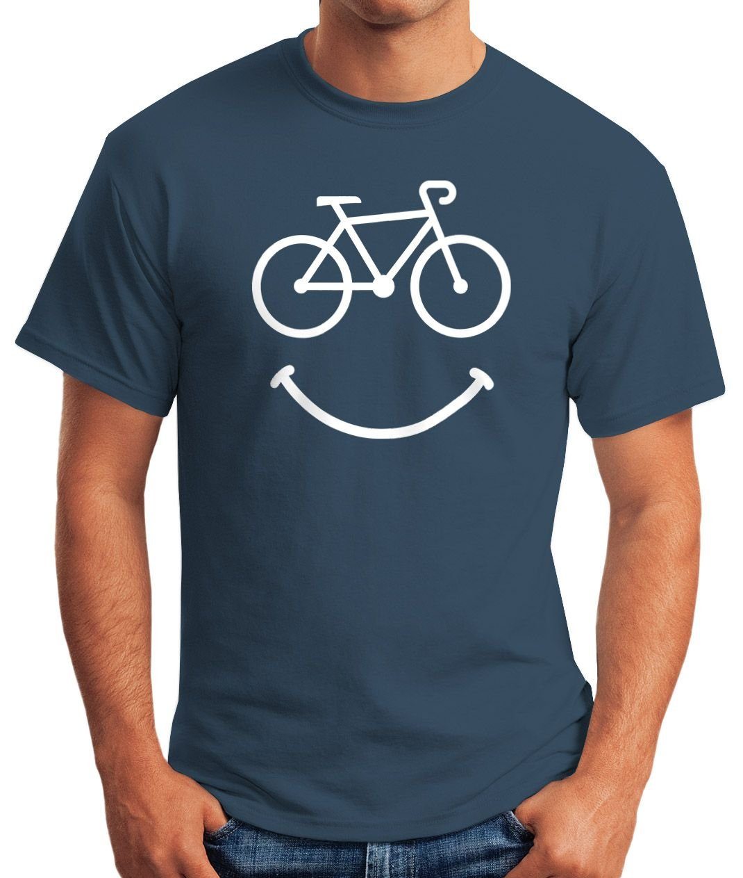 Fun-Shirt Print-Shirt Radfahren Moonworks® Herren T-Shirt Bike Happy blau Fahrrad Smile mit Print MoonWorks