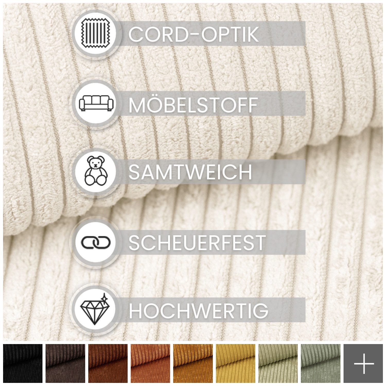 novely® Stoff PORTO - Polsterstoff in Breitcord-Optik - Ultraweicher Möbelstoff, Samtige Haptik, Reißfest, Fusselfrei, Robust, Meterware, 1lfm