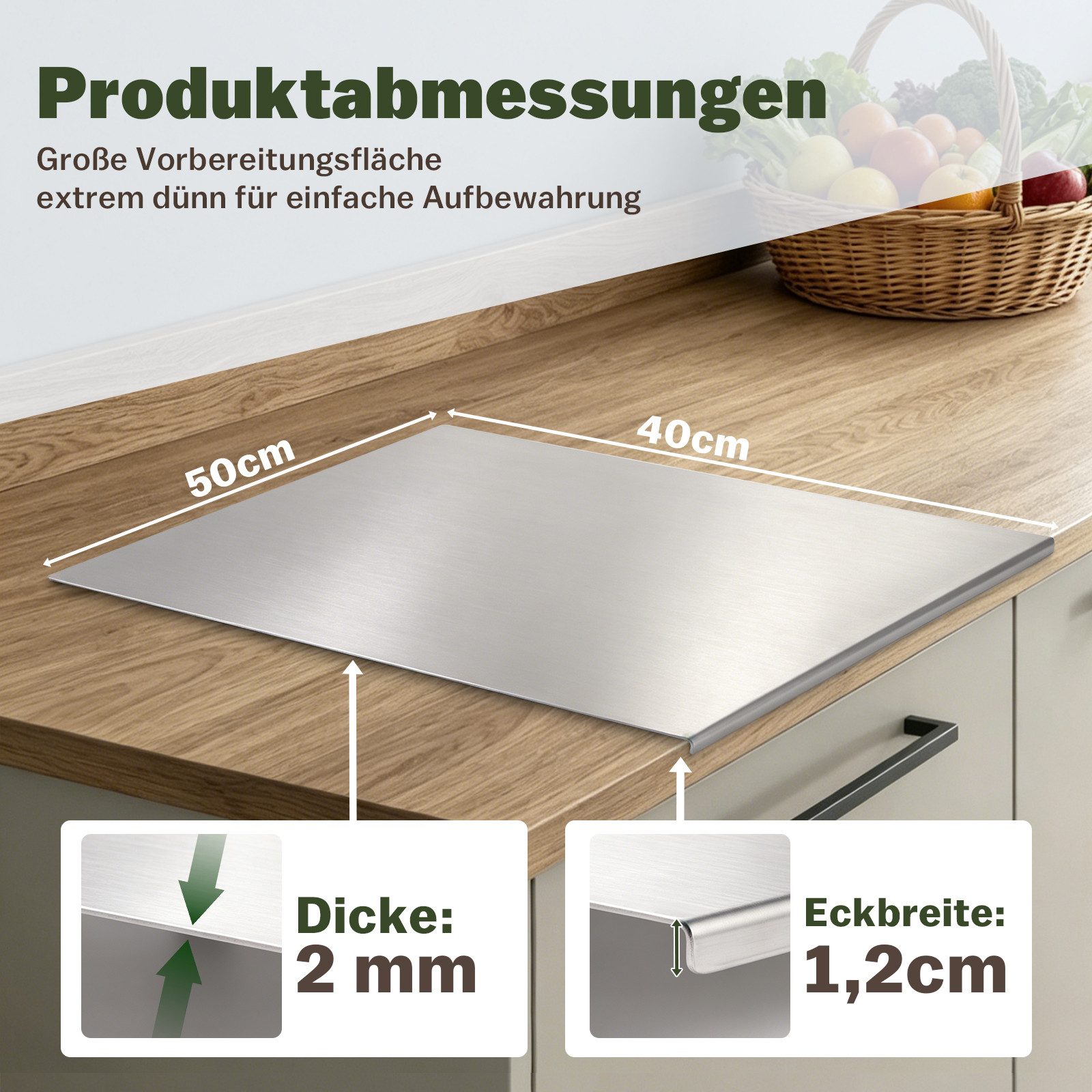 JOYOLEDER Schneidebrett Arbeitsplatte Knetbrett Edelstahl 50x40 cm - Für Kneten, Schneiden, (Backen - Küchenplatte mit Anschlagkante - Auch als Nudelbrett, Back – Bild 2 von 5