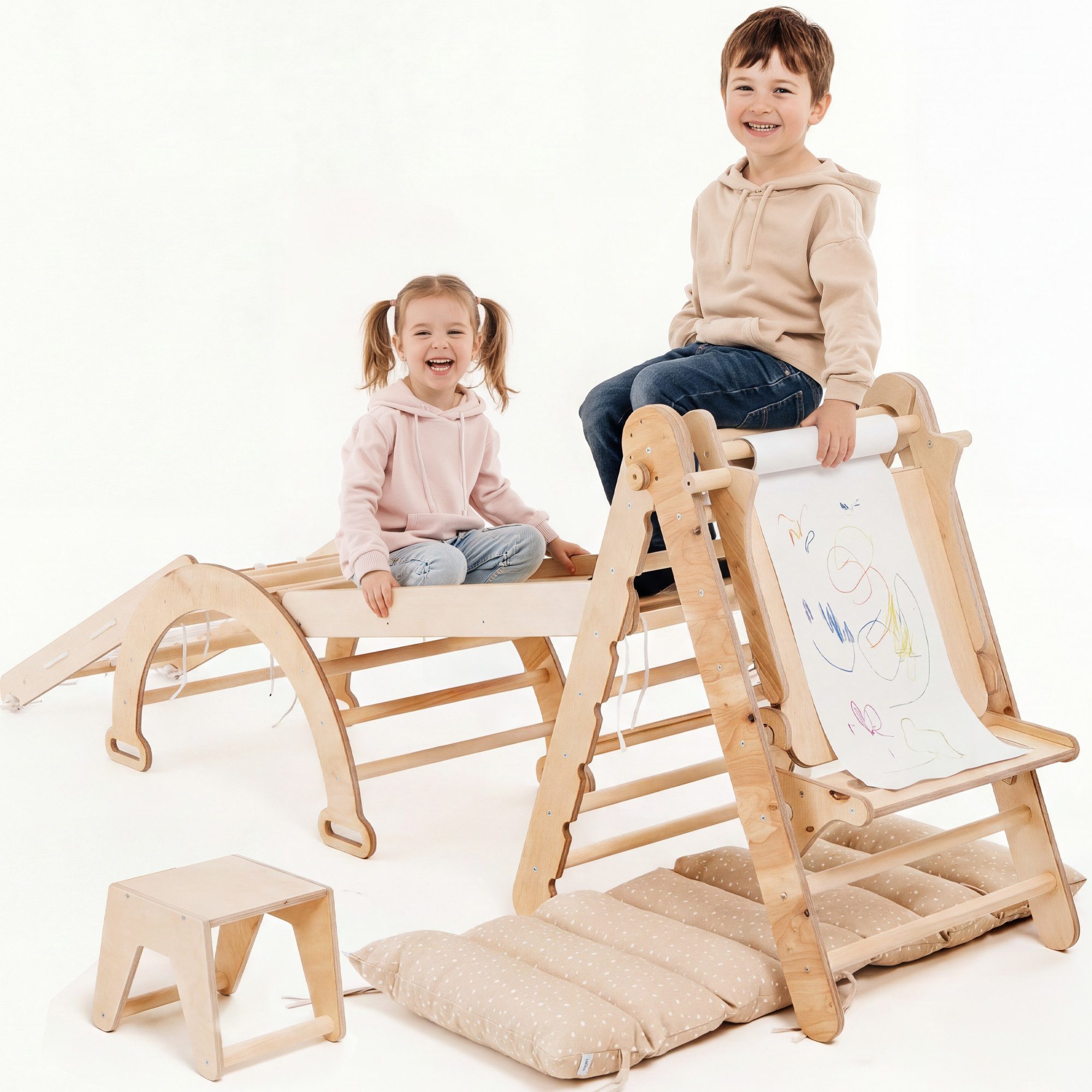 Goodevas Klettergerüst Holz Indoor Klettergerüst für Kinder von 1-5 Jahren, (Dreiecksleiter, Kletterbogen & Kletterrampe & Netz, 6-St)