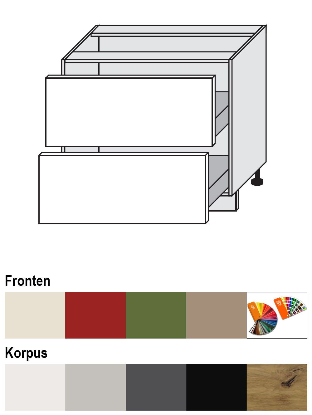 Feldmann-Wohnen Unterschrank Brerra (D2M/90, 2 Schubladen, Blum Metabox Teilauszug, 1-St., moderne Optik, lackierte Fronten, 90x50x82cm) lava / RAL 6025 farngrün matt
