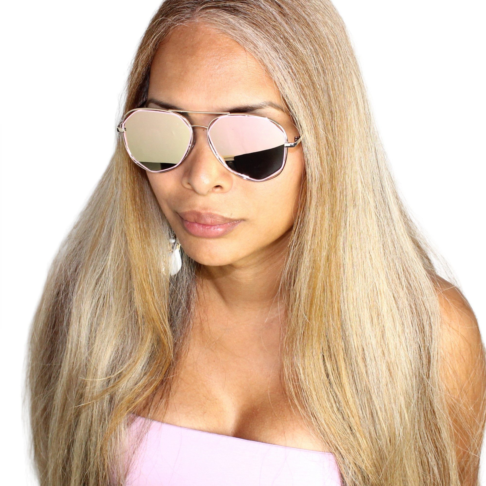 Rennec Sonnenbrille (Damen Pilotenbrille Markenbrille mit Brillenbeutel, Eckige Gläser) Pilotenbrille Edelstahl Verspiegelte Gläser