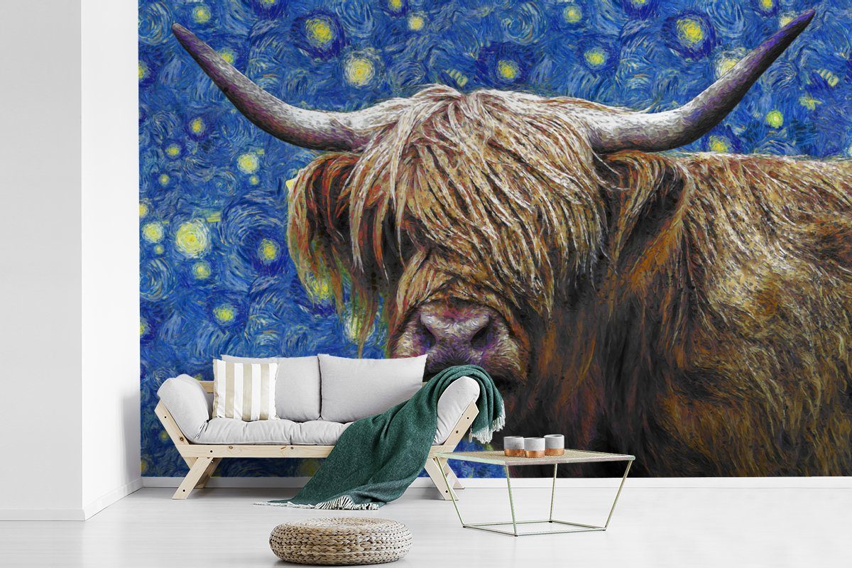 Highlander Van Tapete - Wallpaper (6 Gogh, St), Vinyl MuchoWow bedruckt, - Schlafzimmer, Scottish Fototapete Wohnzimmer, Kinderzimmer, für Sternennacht Matt,