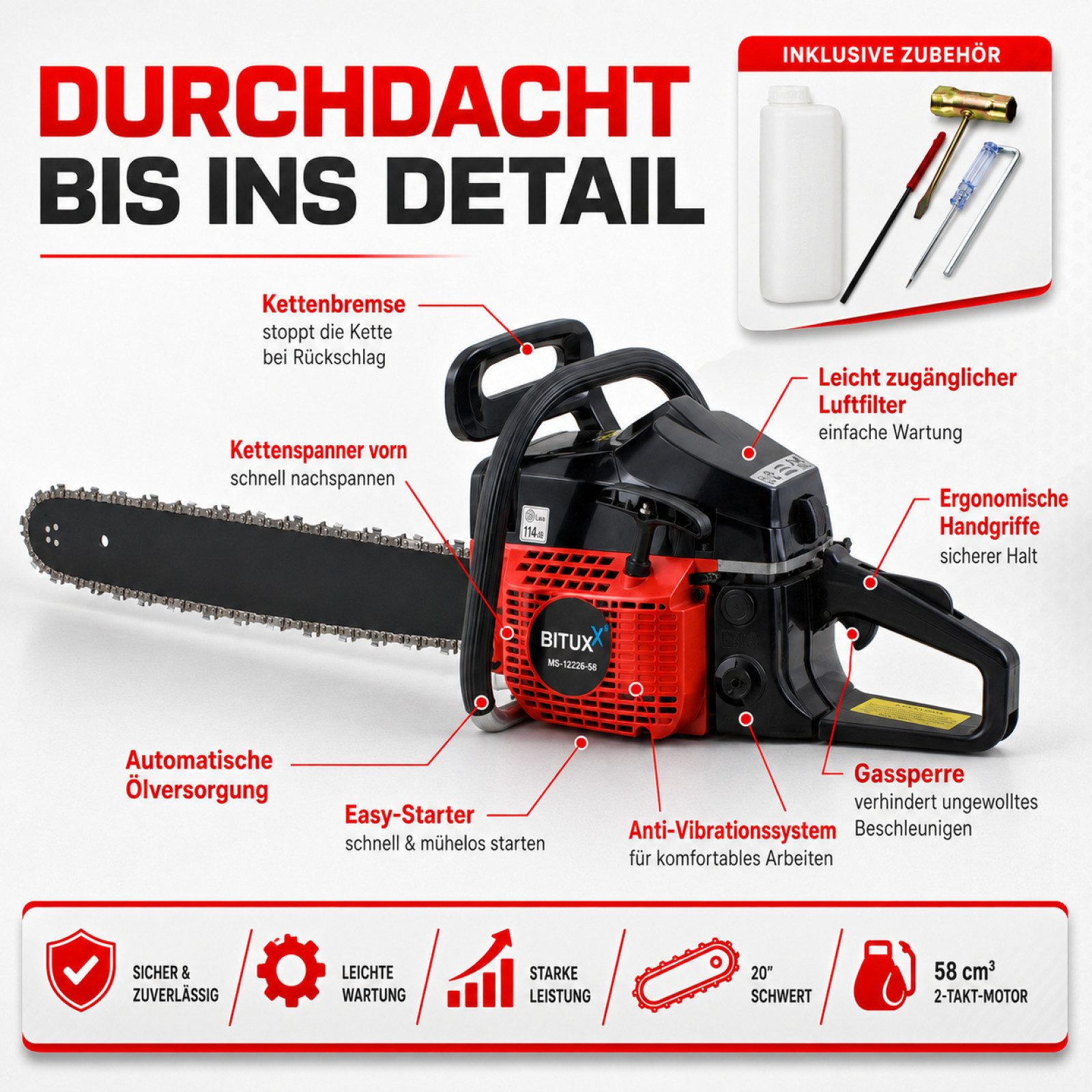 Bituxx Benzin-Kettensäge 58ccm inkl. 20 Zoll Schwert und Kette, 50 cm Schwertlänge, Set, MS-12226