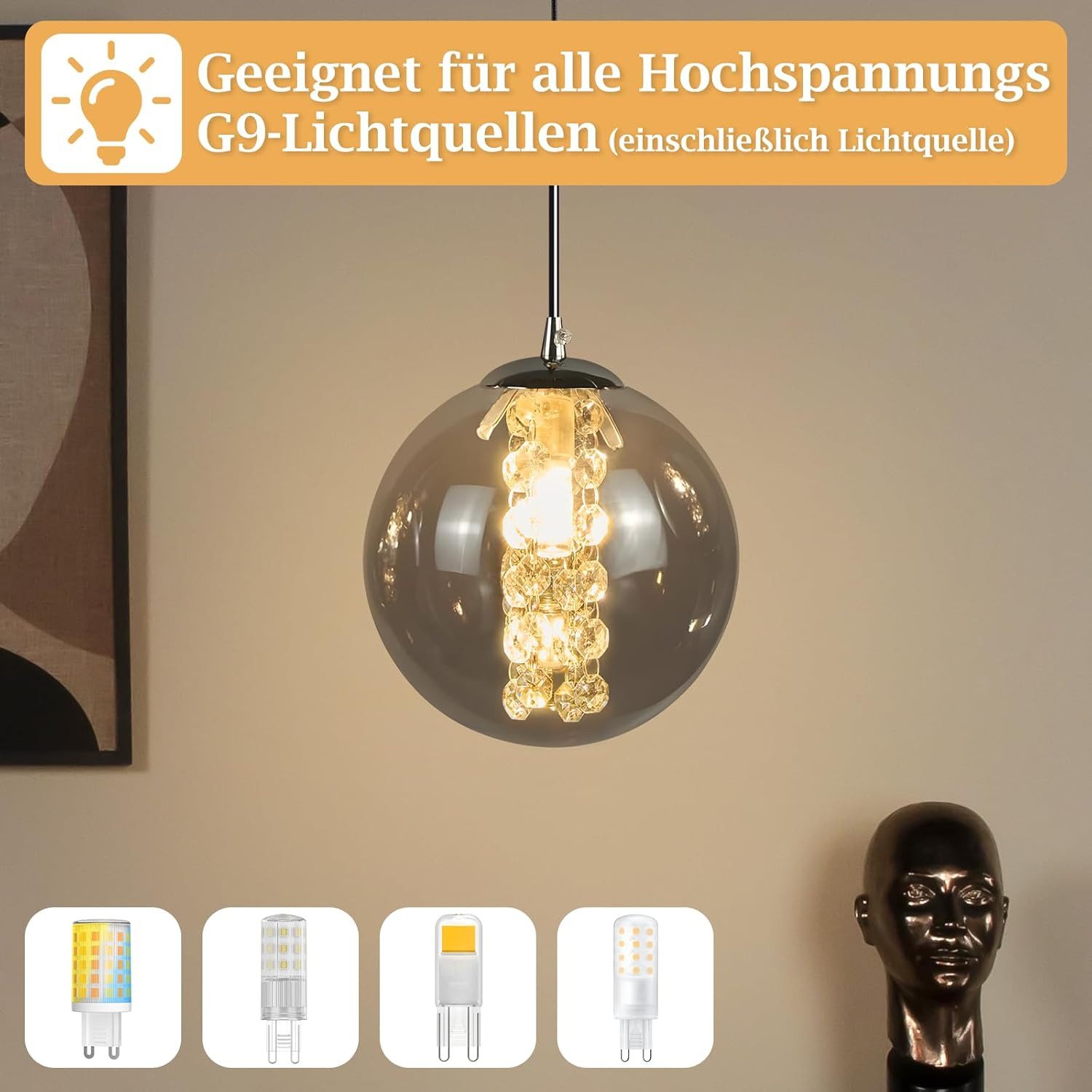 Nettlife Pendelleuchte G9 Deckenlampe Bernstein/Grau Glas Industriestil, Höheverstellbar, LED wechselbar, Warmweiß, für Küchen Wohnzimmer Schlafzimmer Flur
