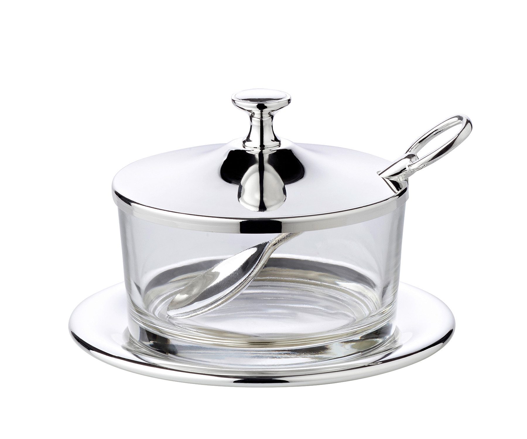 EDZARD Marmeladenglas Sublime (H 12 cm) Inkl. Deckel und Untersetzer, edel versilbert, (4-tlg), Silber-Optik