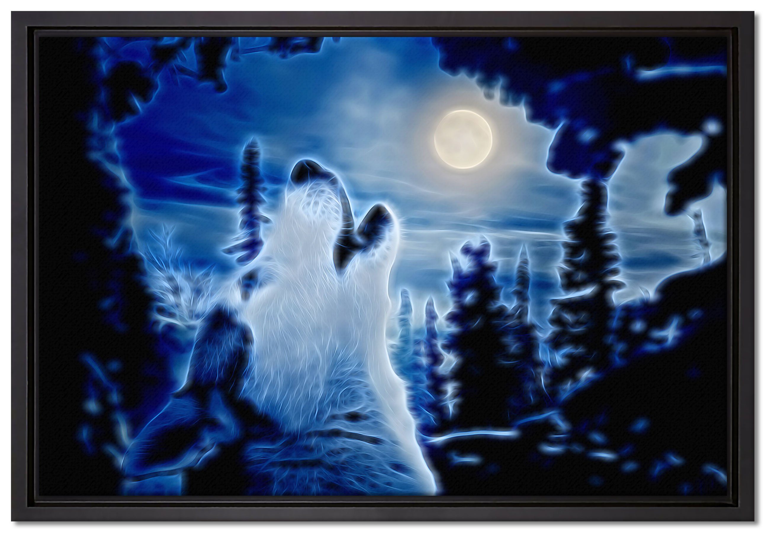 Pixxprint Leinwandbild heulender Wolf im Mondlicht, Wanddekoration (1 St), Leinwandbild fertig bespannt, in einem Schattenfugen-Bilderrahmen gefasst, inkl. Zackenaufhänger