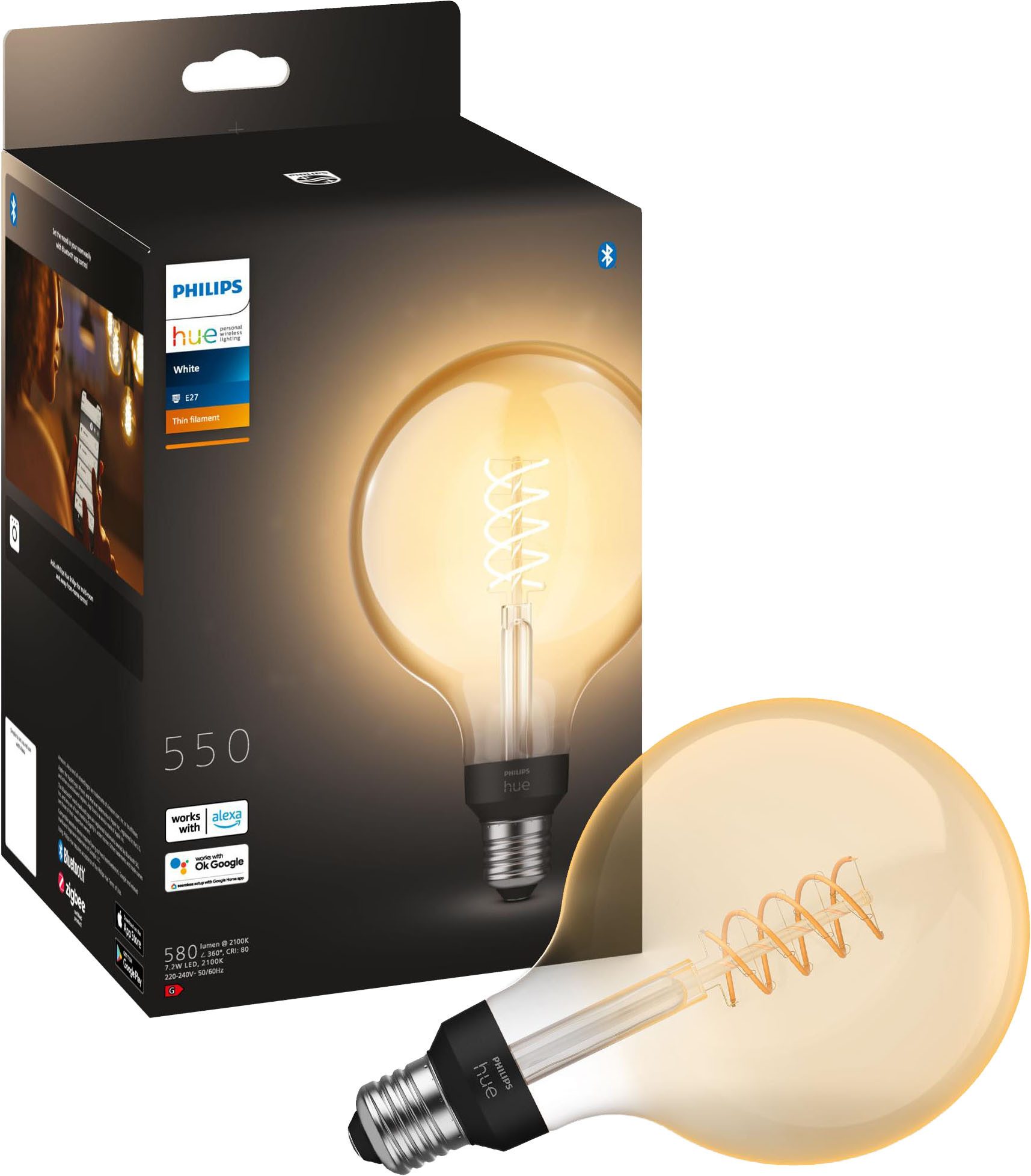 Philips Hue LED-Filament White Giant Globe G125 550lm, E27, 1 St., Warmweiß