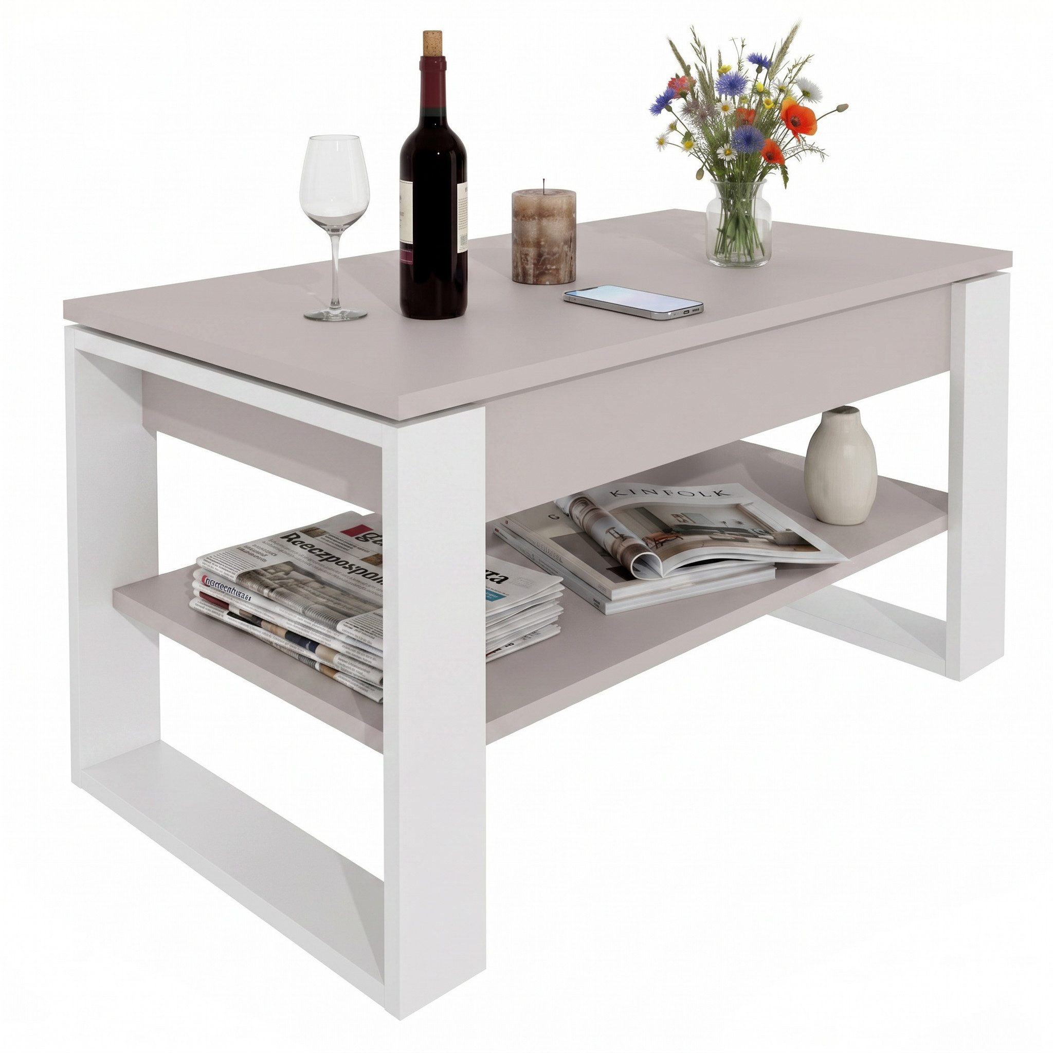 TREND WERK Couchtisch Lift-Couchtisch höhenverstellbar Sofatisch 92×55 cm mit Stauraum (verstecktem Fach Wohnzimmertisch Holz modern) – Bild 3 von 5