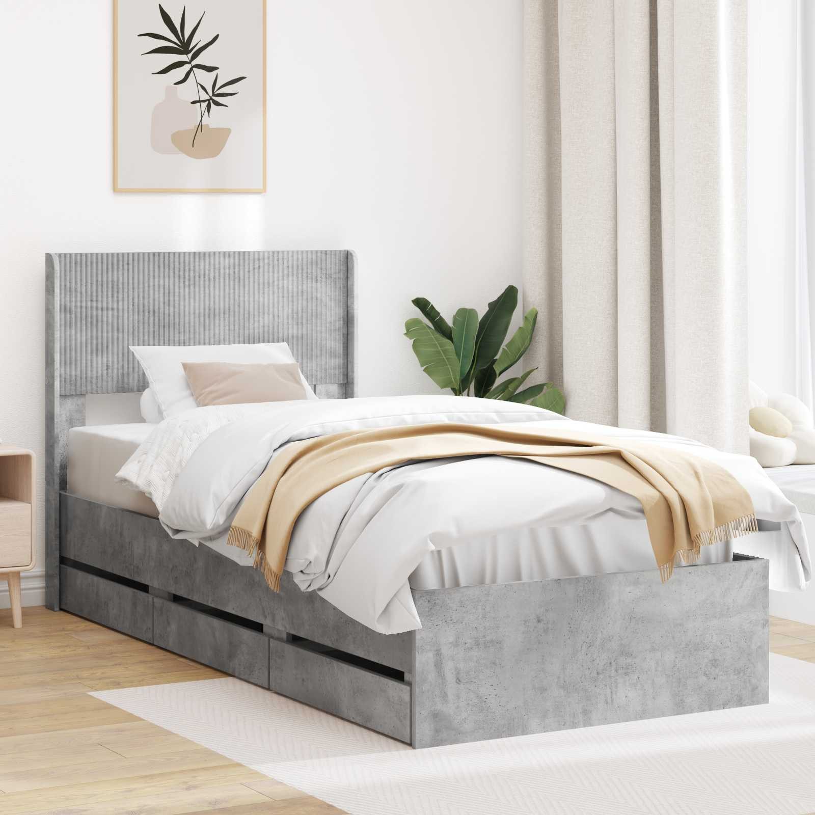 vidaXL Bett Bettgestell mit Stauraum und Kopfteil Betongrau 90 x 190 cm (1-tlg)