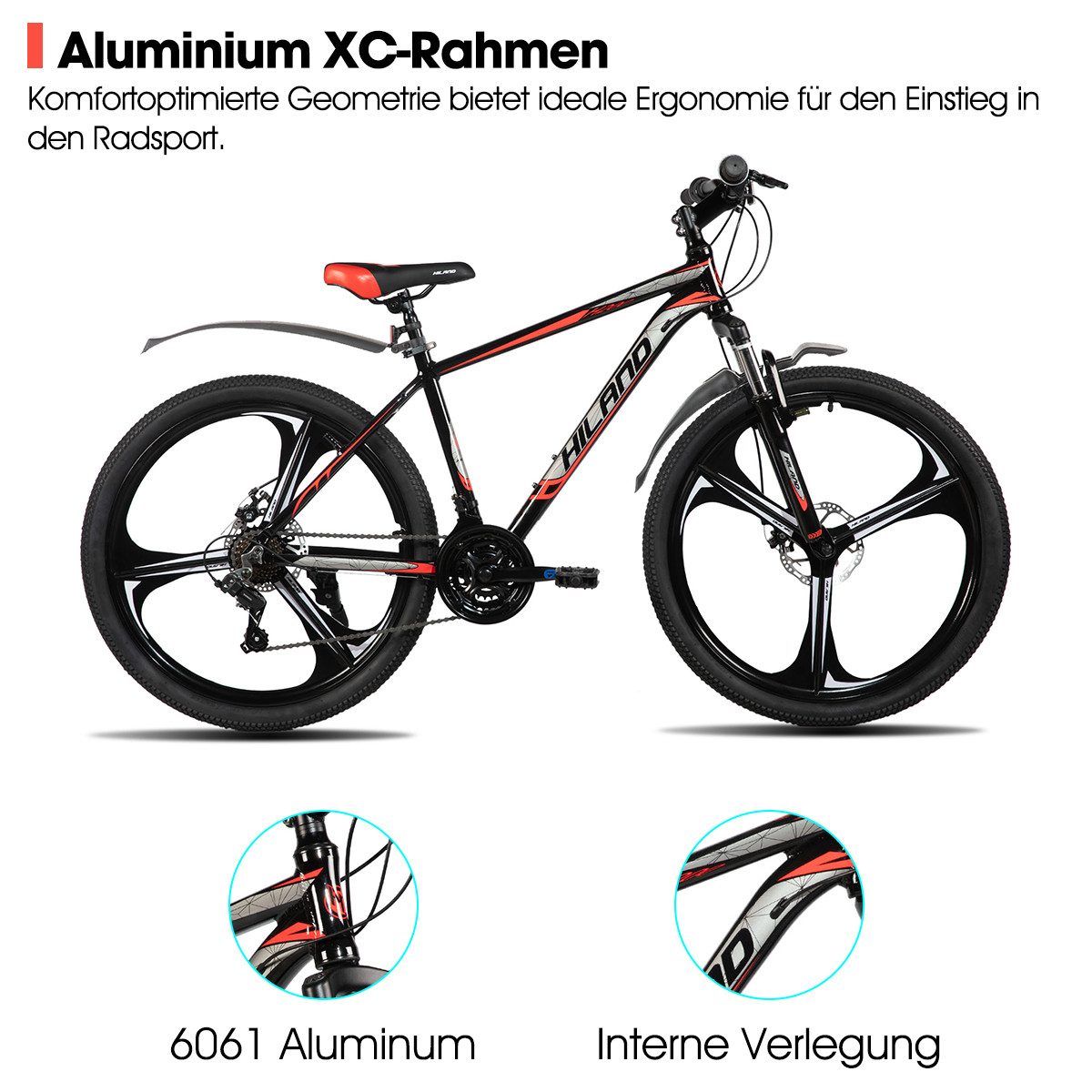 HILAND Mountainbike 26" Aluminium MTB Shimano 18-Gang, 3D/6D Felgen wählbar, 3/6-Speichen-Räder, 18-Gang, mit Schutzblechen, Doppelscheibenbremsen
