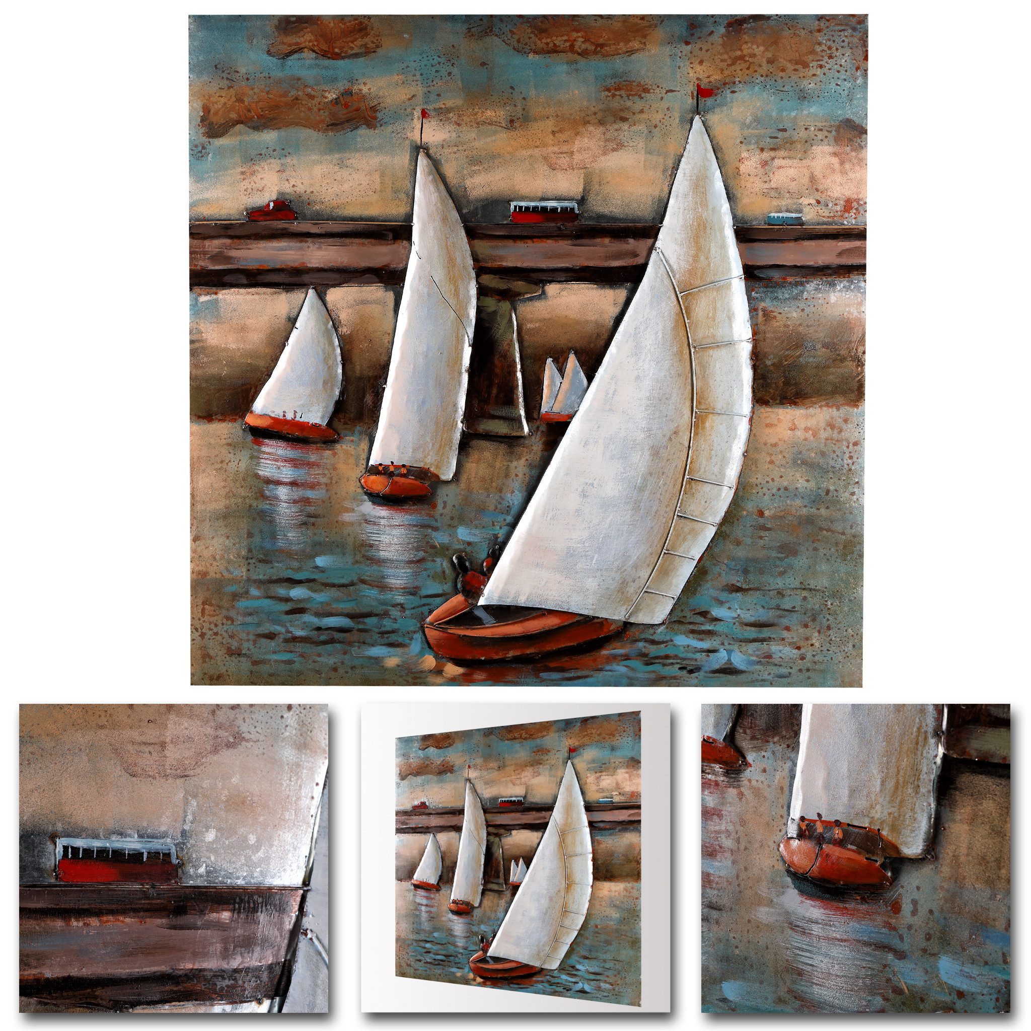 Home4Living Metallbild Wandbild Relief Unikat "Weiße Segelboote" handgefertigt, Segelboote, 3D-Effekt