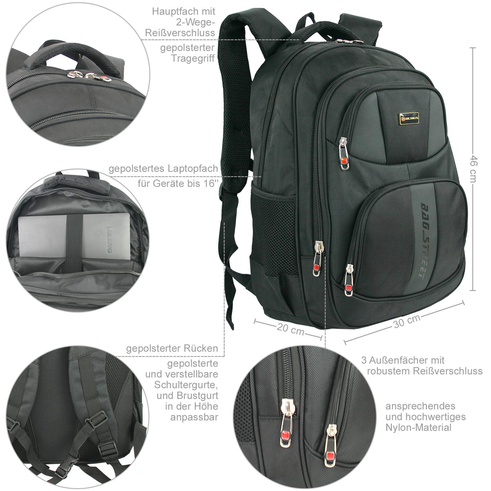 BAG STREET INTERNATIONAL Daypack Großer XXL Business Rucksack 16" Laptopfach gepolstert robust schwarz, Laptop- / Notebookfach