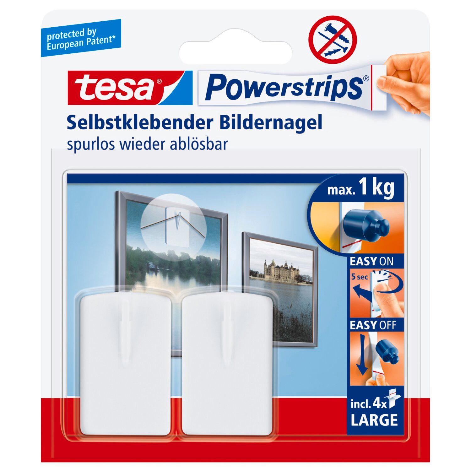 tesa Klebehaken Powerstrips Klebenagel, Dekoration, Bilder, Leinwände, Lichterketten, Girlanden, (Packung, 1-St., Bildernagel, Posterstrips), Stripes selbstklebend - Bilderhaken - kleben statt bohren