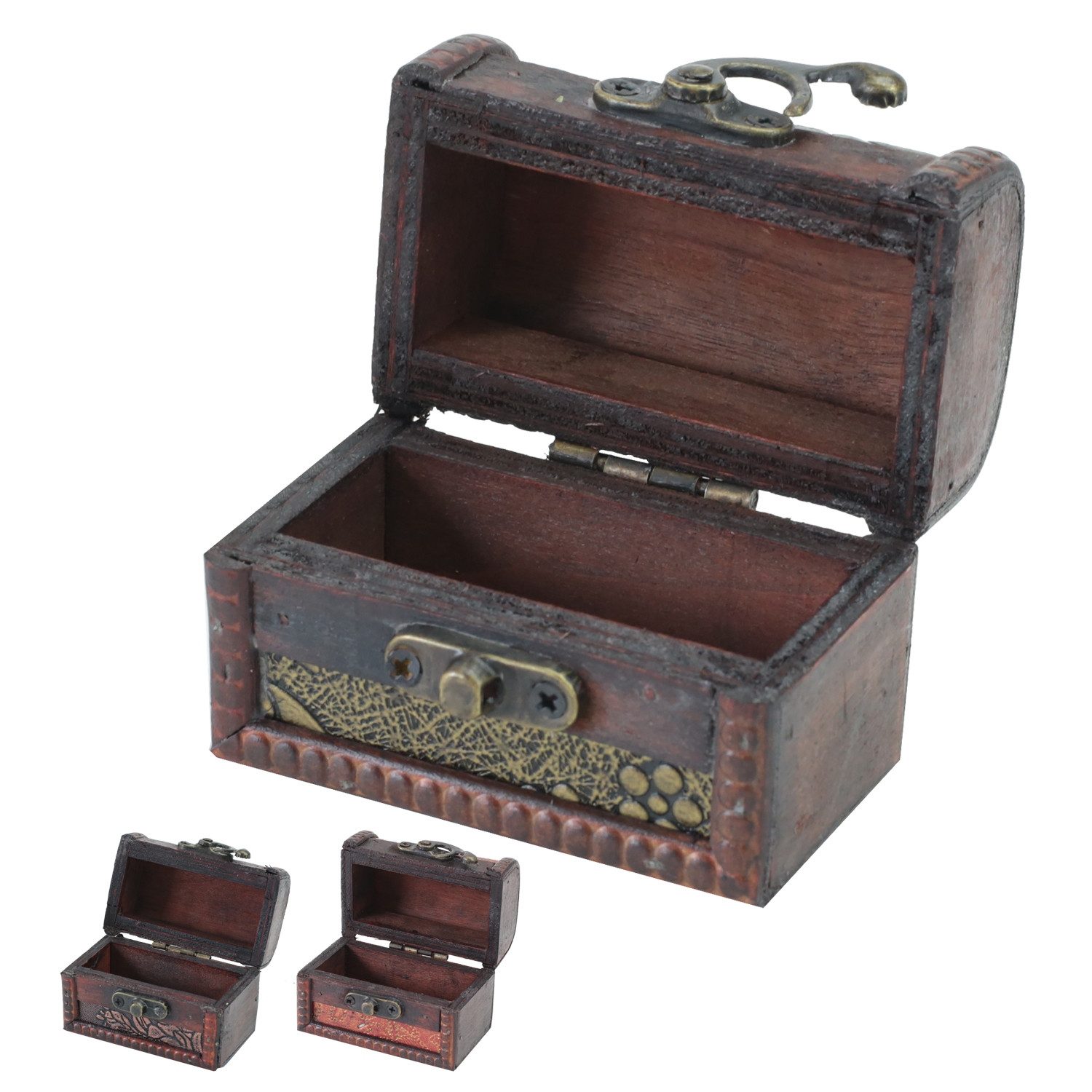 HMF Schatzkiste Schmuckkästchen aus Holz, kleine Schatztruhe zur Schmuckaufbewahrung (3er Set, versch. Muster), oder als Ringbox zur Verlobung und Hochzeit, 8 x 5 x 6 cm
