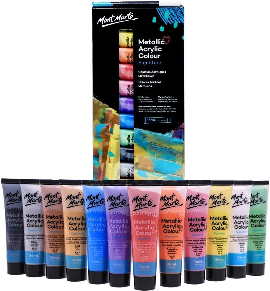 Mont Marte Acrylfarbe Metallic-Farbset, 12 x oder 36 x abgestimmte Farben in 36 ml (wählbar), Gut deckende Farben & Metallic-Optik