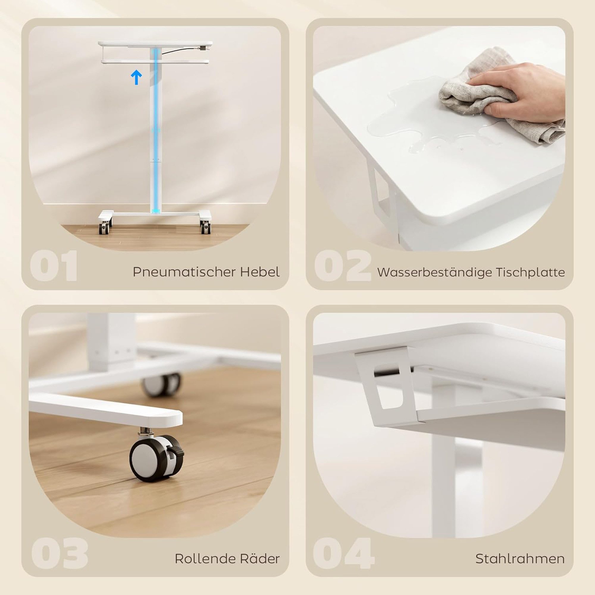 Luckice Arbeitstisch Mobiler höhenverstellbarer Laptoptisch mit Rollen, Weiß (Set, 1-St., Montagematerial und Anleitung enthalten1 höhenverstellbarer), Ergonomische Gestaltung gegen Körperermüdung, Leicht mobil durch Rollen