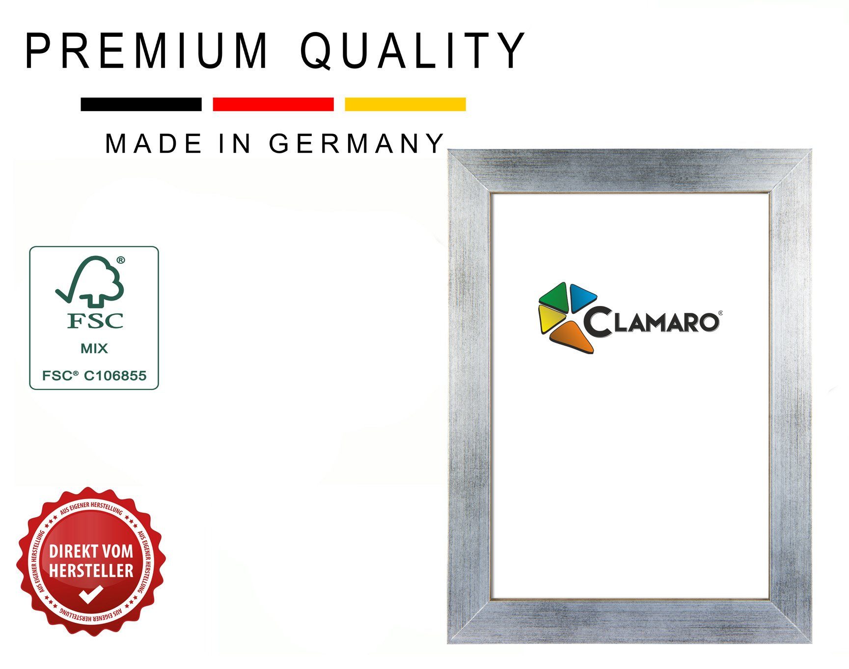 Clamaro Rahmen, Bilderrahmen Aufhänger Acrylglas, inkl. Rückwand CLAMARO FSC® MDF silber 'Collage' Rahmen und Holz DIN gebürstet