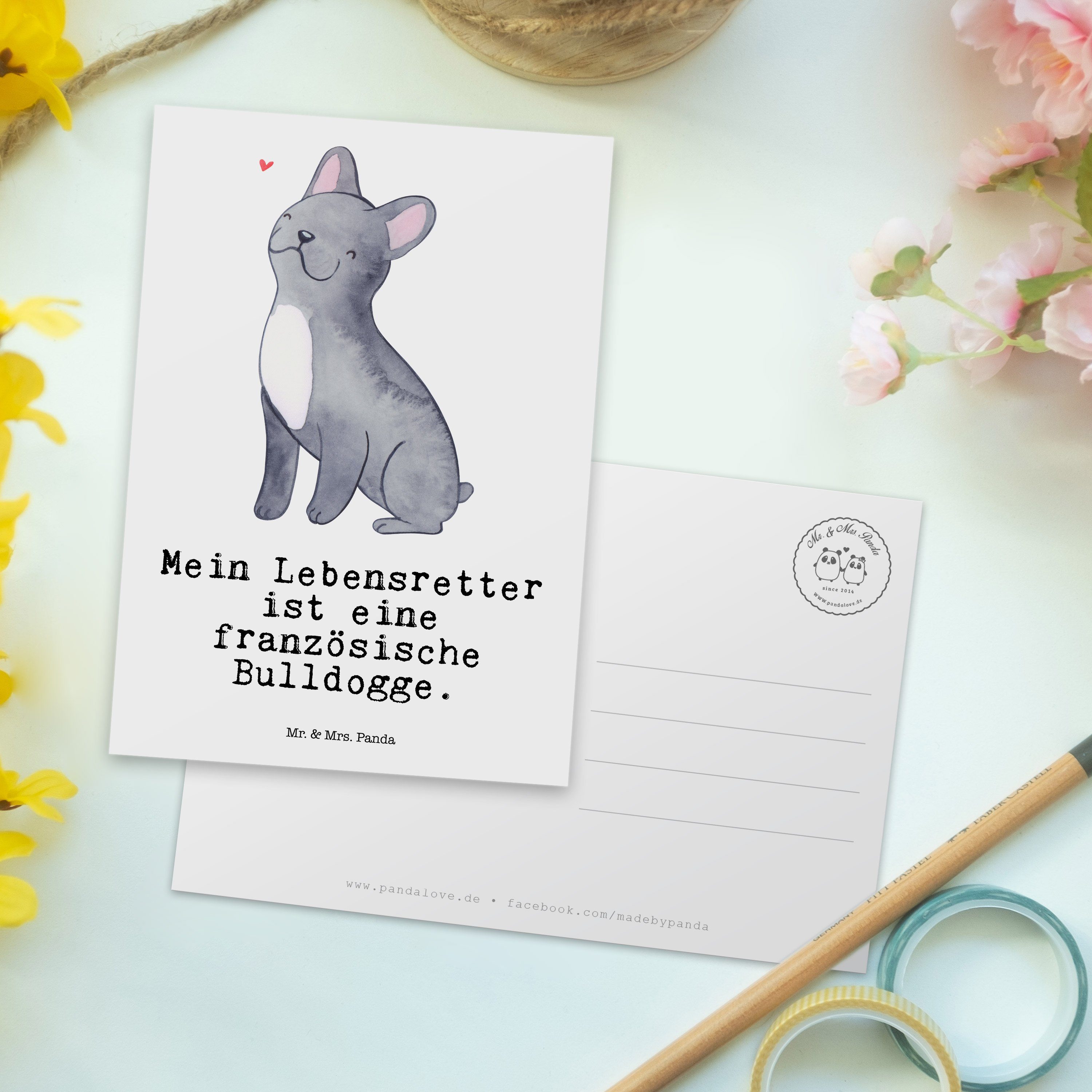 Lebensretter - Postkarte Mrs. Französische Mr. - Weiß Geschenkkarte Geschenk, & Bulldogge Panda