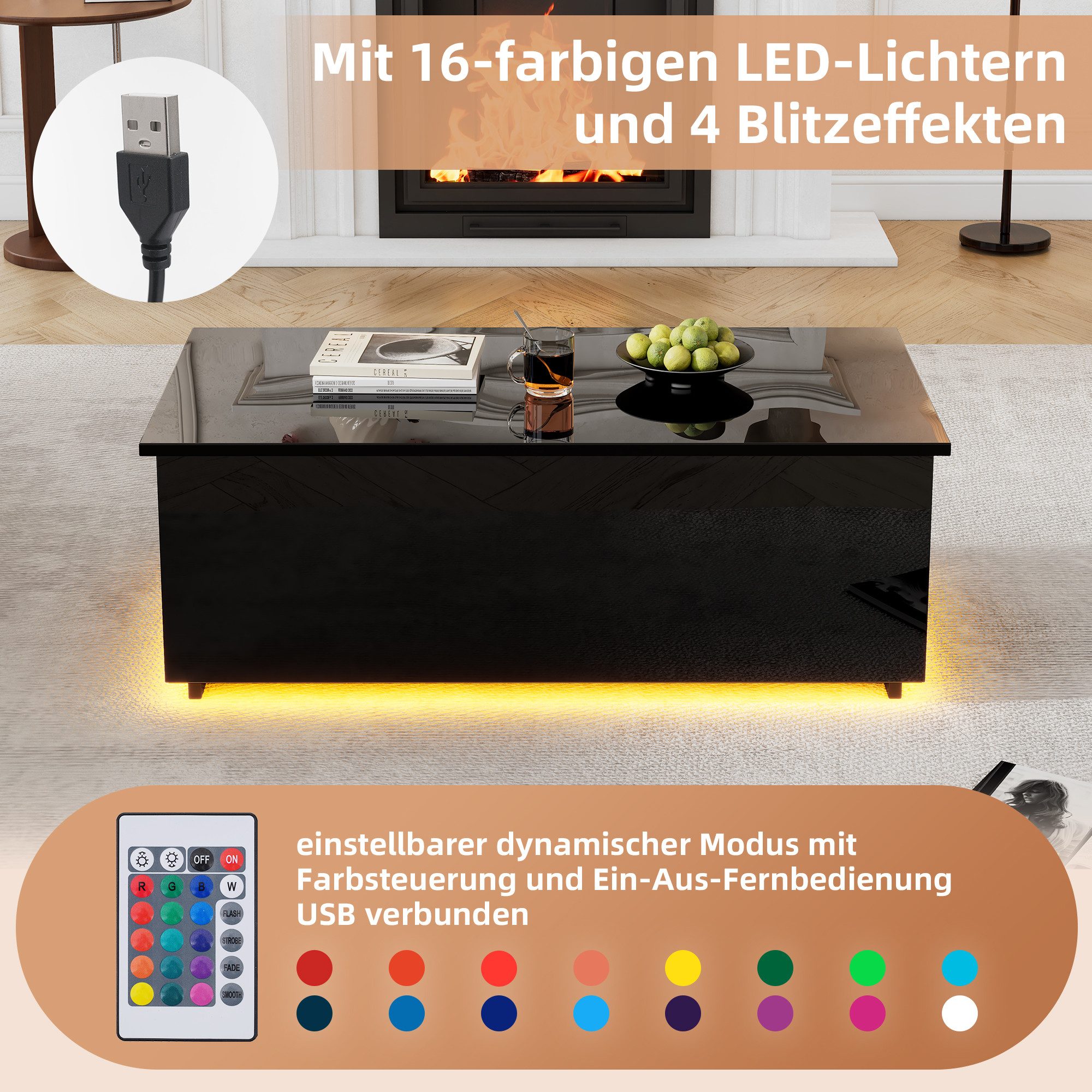 Merax Couchtisch Hochglanz mit LED-Beleuchtung (1-St., Satztisch Beistelltisch Kaffeetisch, 100x50x35 cm), Wohnzimmertisch mit hydraulischem Hub & verstecktem Stauraum