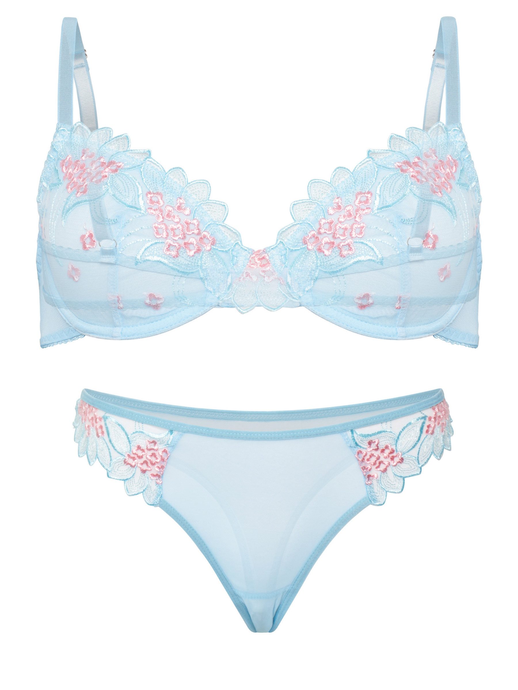 Orchibelle Set: Bügel-BH Dessous Set aus Stickereispitze, BH-Set mit Tanga,Unterwäsche Set (Set, 2-tlg., mit String) transparentes Lingerie Set mit Blumenmuster, Elegante Reizwäsche