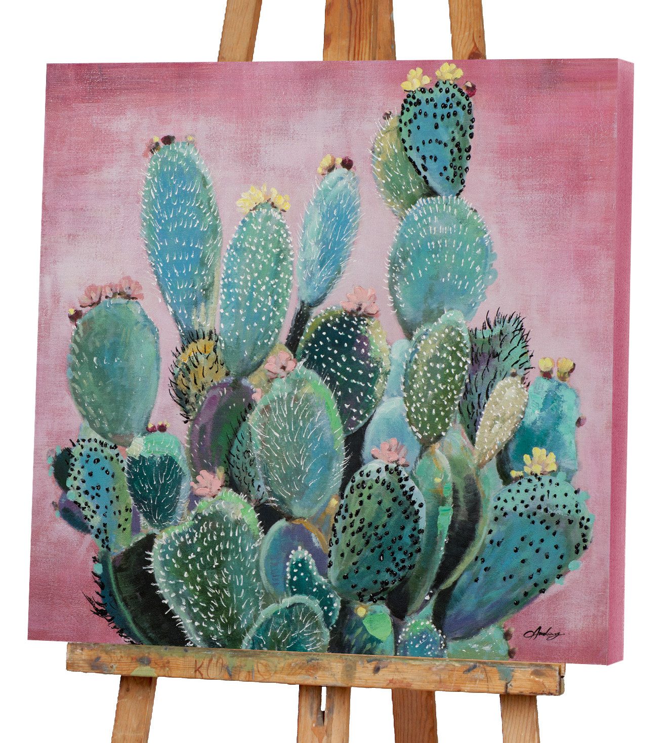 ArtUniverse Gemälde Grüne Kakteen vor rosa Hintergrund 80 x 80 cm, Naturmotiv