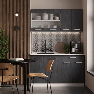 Livinity® Küchenzeile R-Line, Schwarz Beton/Weiß, 140 cm AP Eiche
