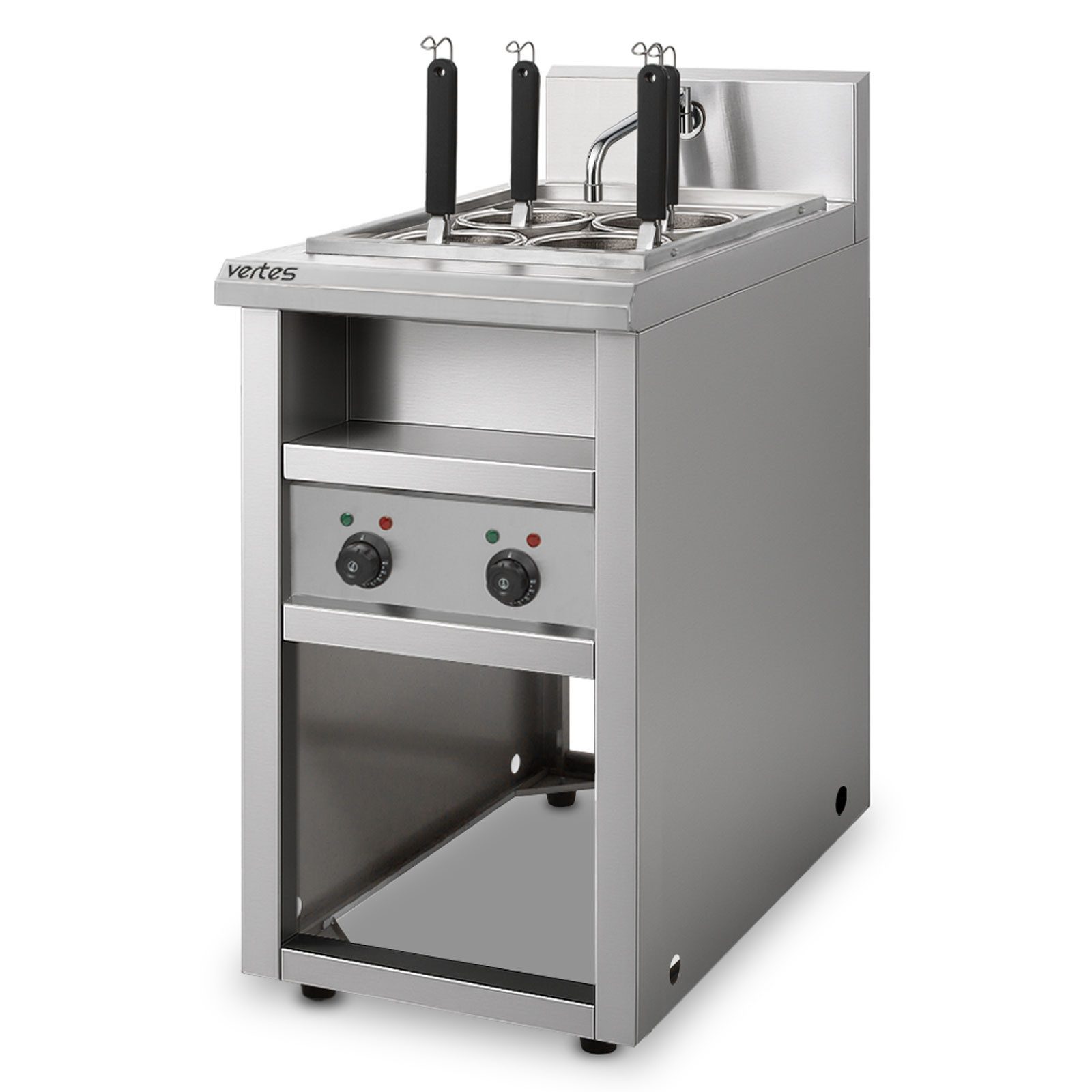 vertes Spaghettitopf Gastro Nudelkocher mit Stand Pastakocher aus Edelstahl, Elektrisch, 2x 1700 Watt, 2 separate Kochbecken zu je 8 Liter