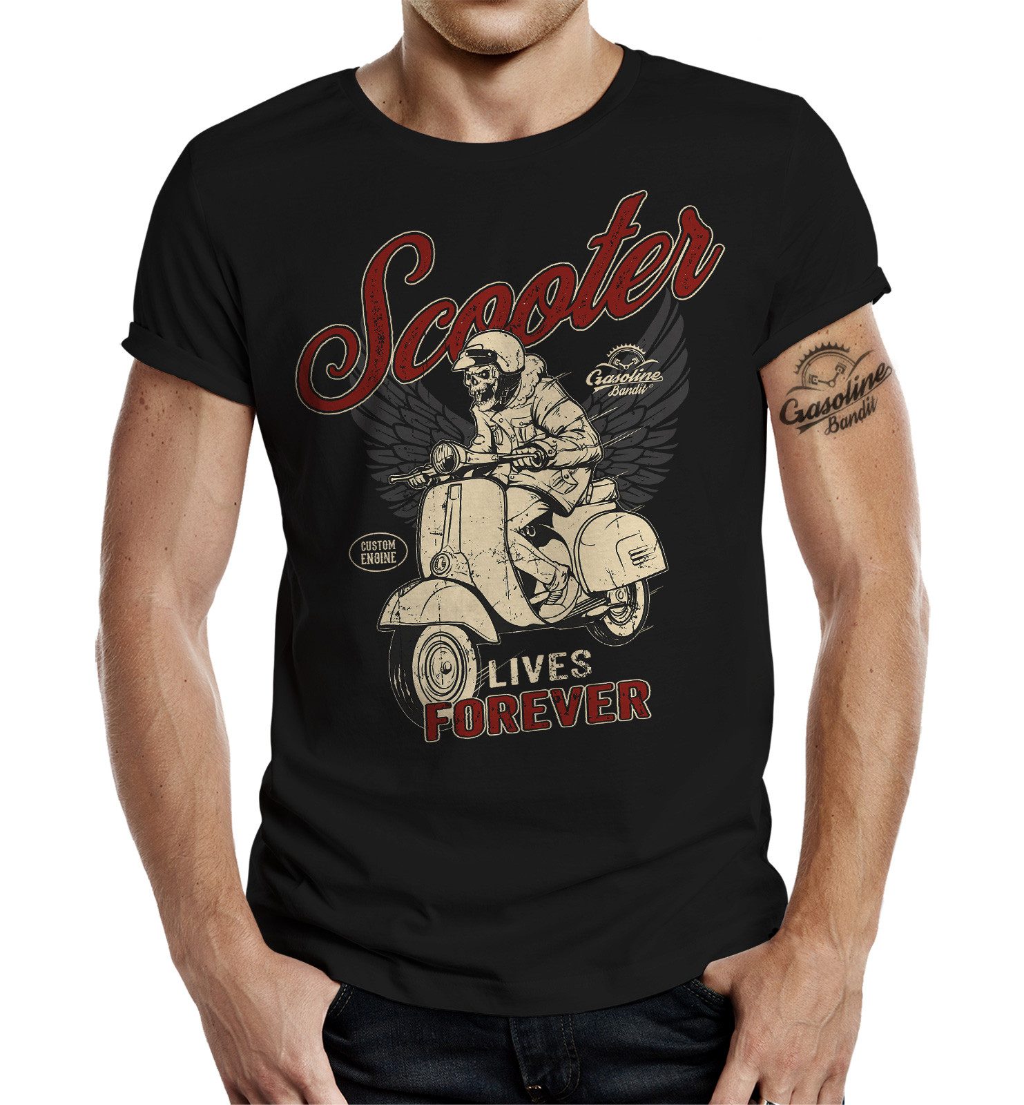 GASOLINE BANDIT® T-Shirt für Motorroller Fahrer: Scooter lives Forever