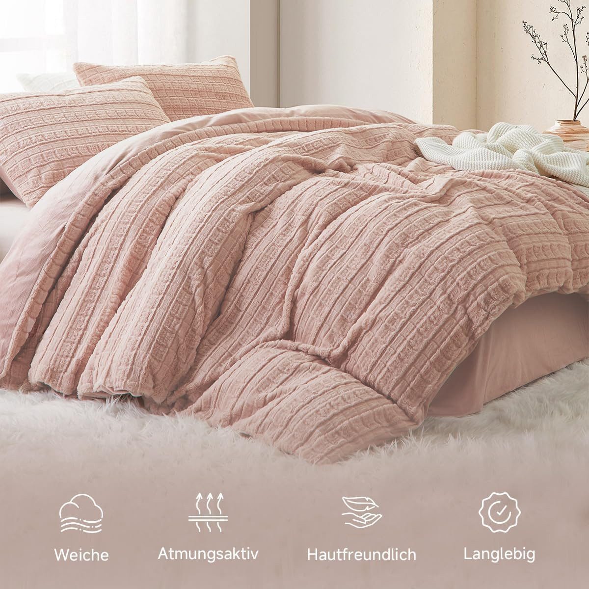 wohnTRAUM24 Bettwäsche Winter Plüsch Bettwäsche,135x200cm,200x200cm,Flauschig,Warme Bettbezug, Kunstkaninchenfell Winterbettwäsche Wendebettbezug Kissenbezug 80x80cm