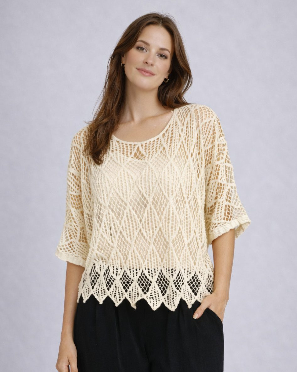 ITALY VIBES Tunika - Poncho - Häkelshirt Damen - Häkelbluse - gratis Untershirt - Top ONE SIZE / passend für Größe S - XL - gratis Top