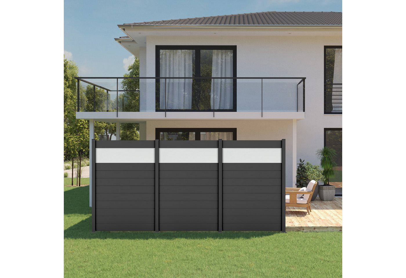Thumbnail - STAKET PRO Gartenzaun Komplettzaun Paneel 150, LxH: 372,6x187 cm, 3 Elemente á 120 cm Breite + Flächendruck 84