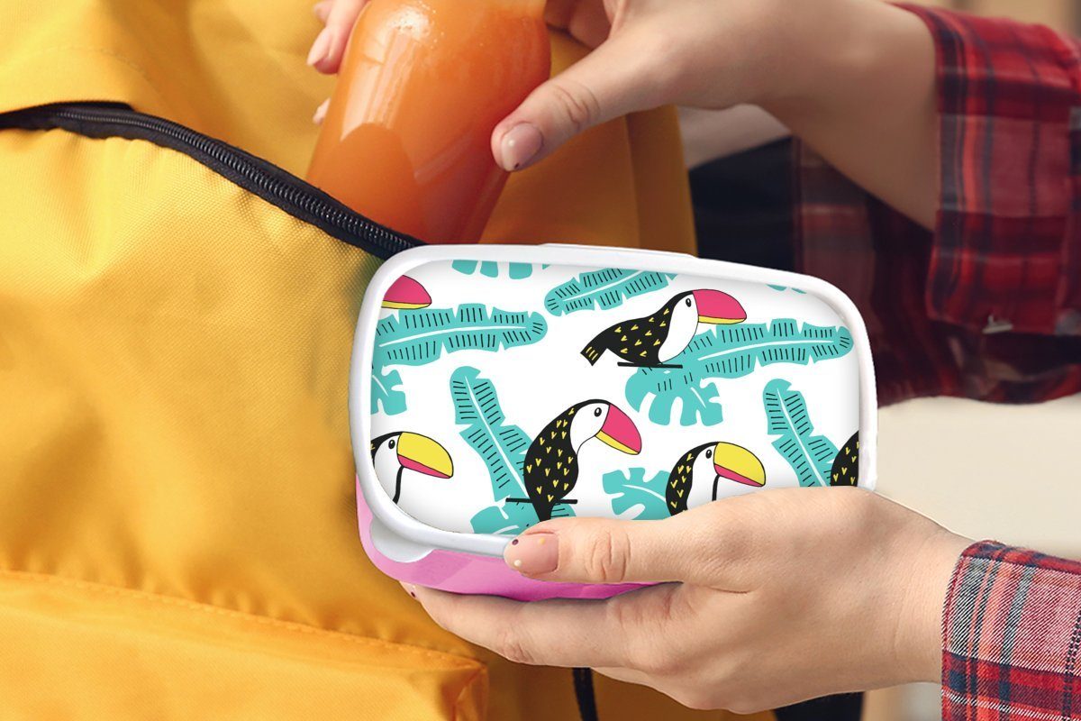 MuchoWow Lunchbox Muster - Dschungel Erwachsene, für Tukan, (2-tlg), Kunststoff, Snackbox, Brotdose Kunststoff Brotbox - rosa Mädchen, Kinder