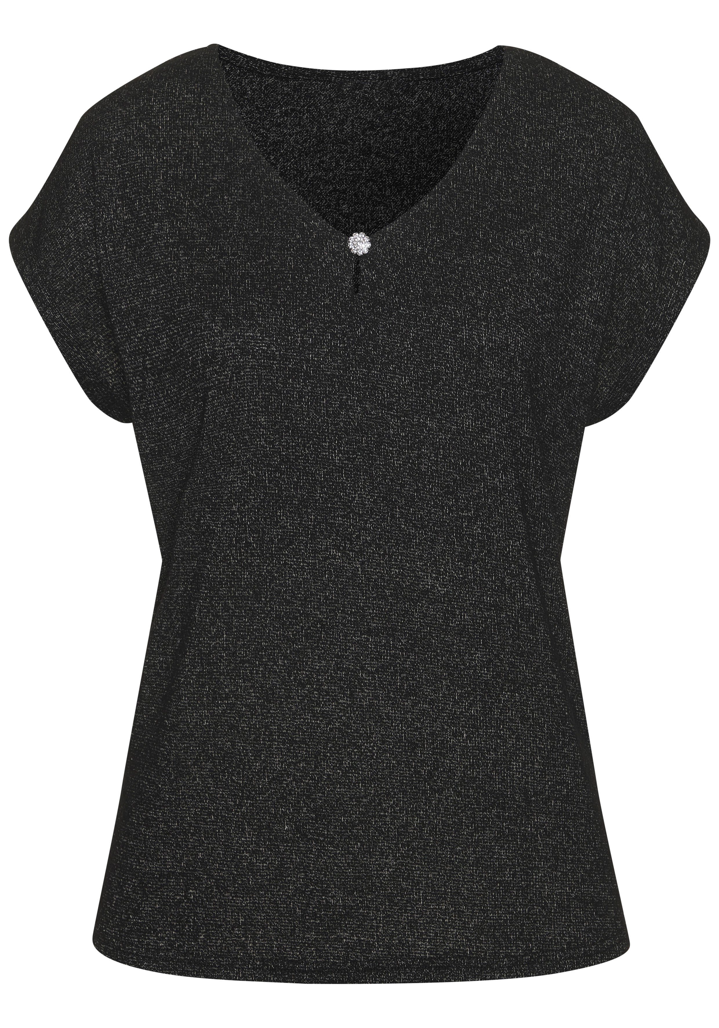 LASCANA Kurzarmshirt mit Strassknopf in Blütenform aus Feinstrick in Melange Optik – Bild 2 von 5