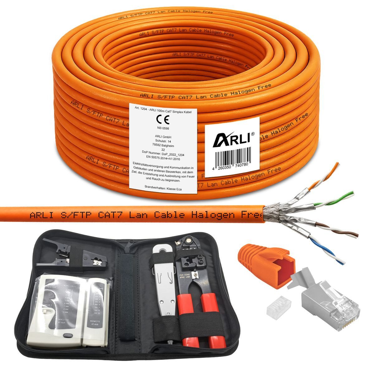 ARLI ARLI Verlegekabel Cat7 100 m + Werkzeugset + 20 RJ45 Netzwerkstecker Installationskabel, RJ45 Netzwerkstecker, Netwerkkabel (10000 cm), Halogenfrei