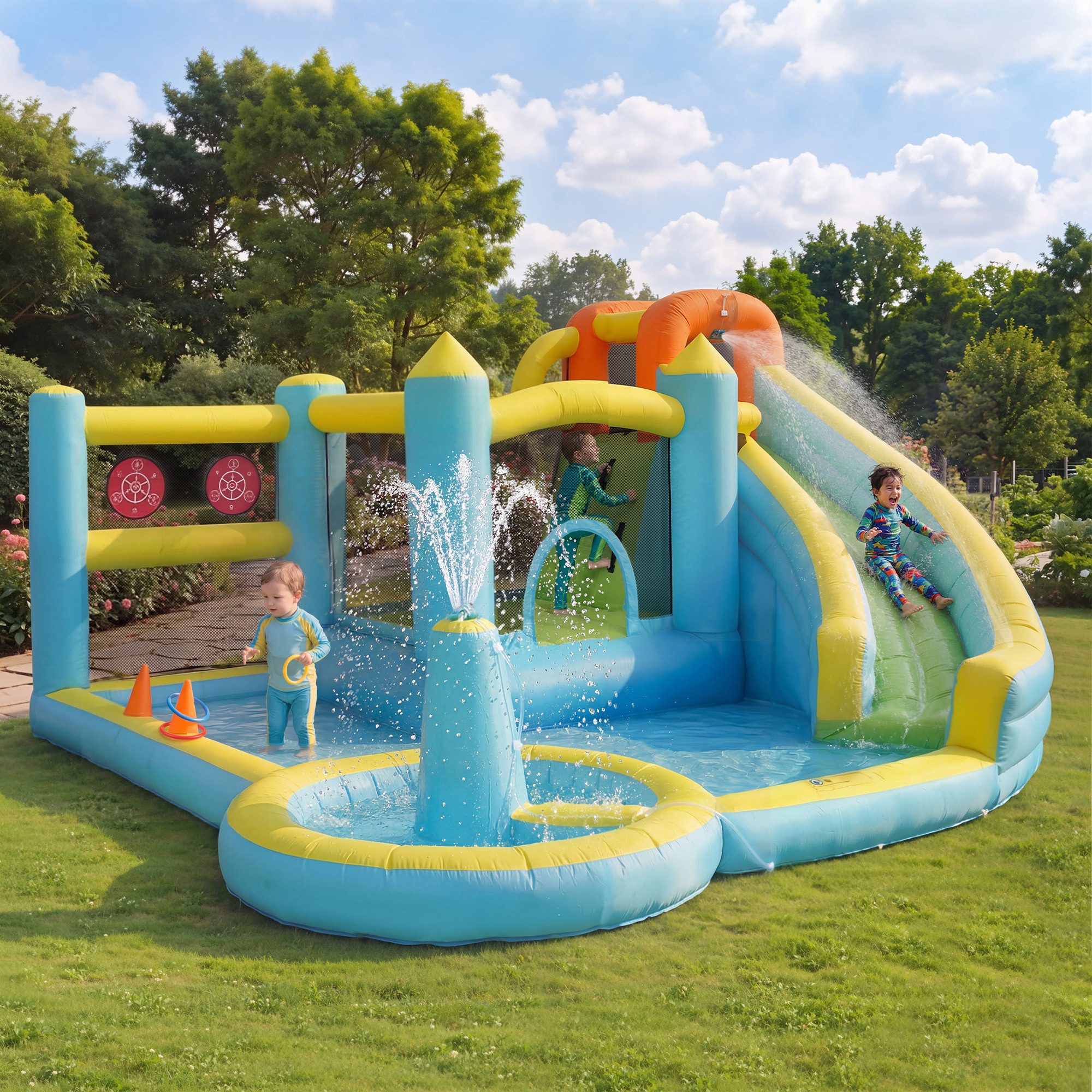 Merax Hüpfburg mit Gebläse,aufblasbare Wasserspielburg, Wasserpark, (430x390x210cm, 1-tlg), mit Rutsche, Trampolin, Springbrunnen, Planschbecken, Ringwurfspiel