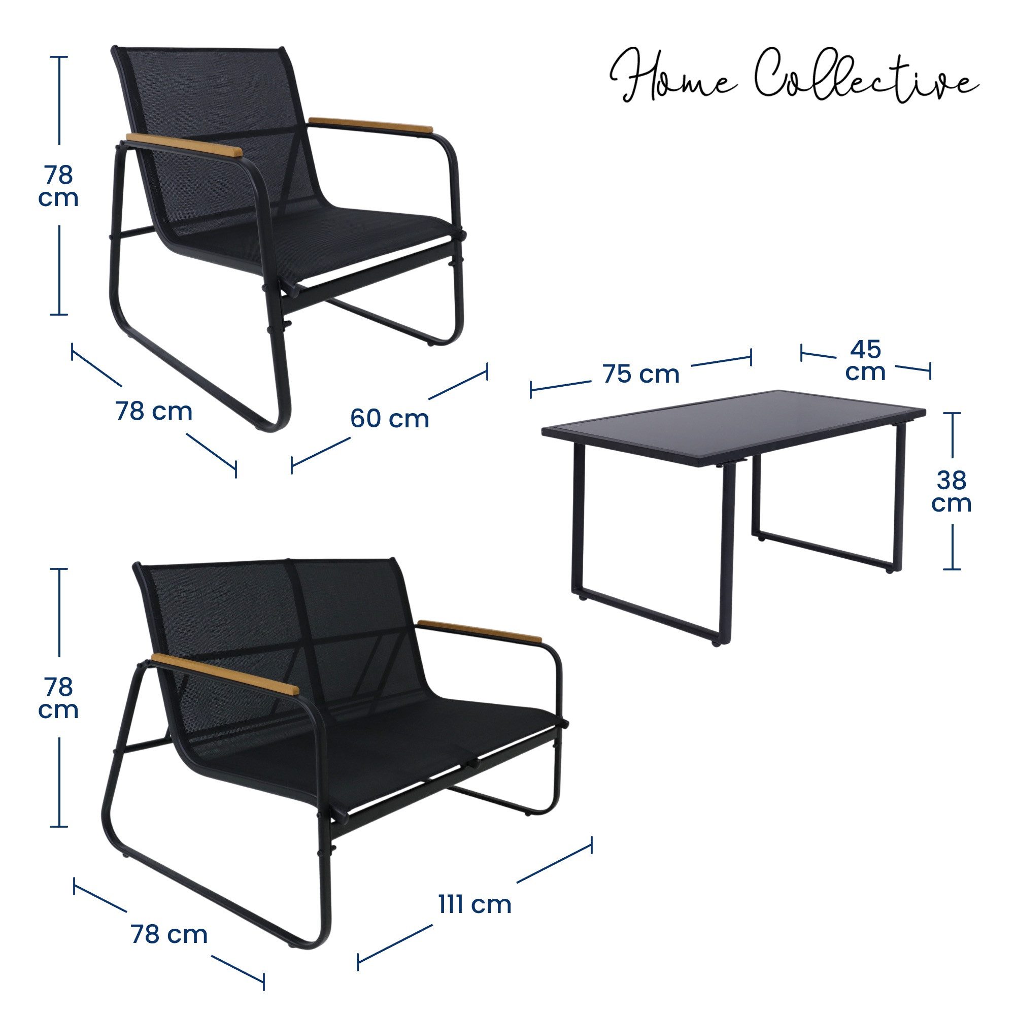 Home Collective Gartenlounge-Set Lounge Möbel Outdoor Gartenlounge Gartenmöbel 4-teilig in schwarz, wetterfest & pflegeleicht, ideal für Terrasse Balkon oder Garten
