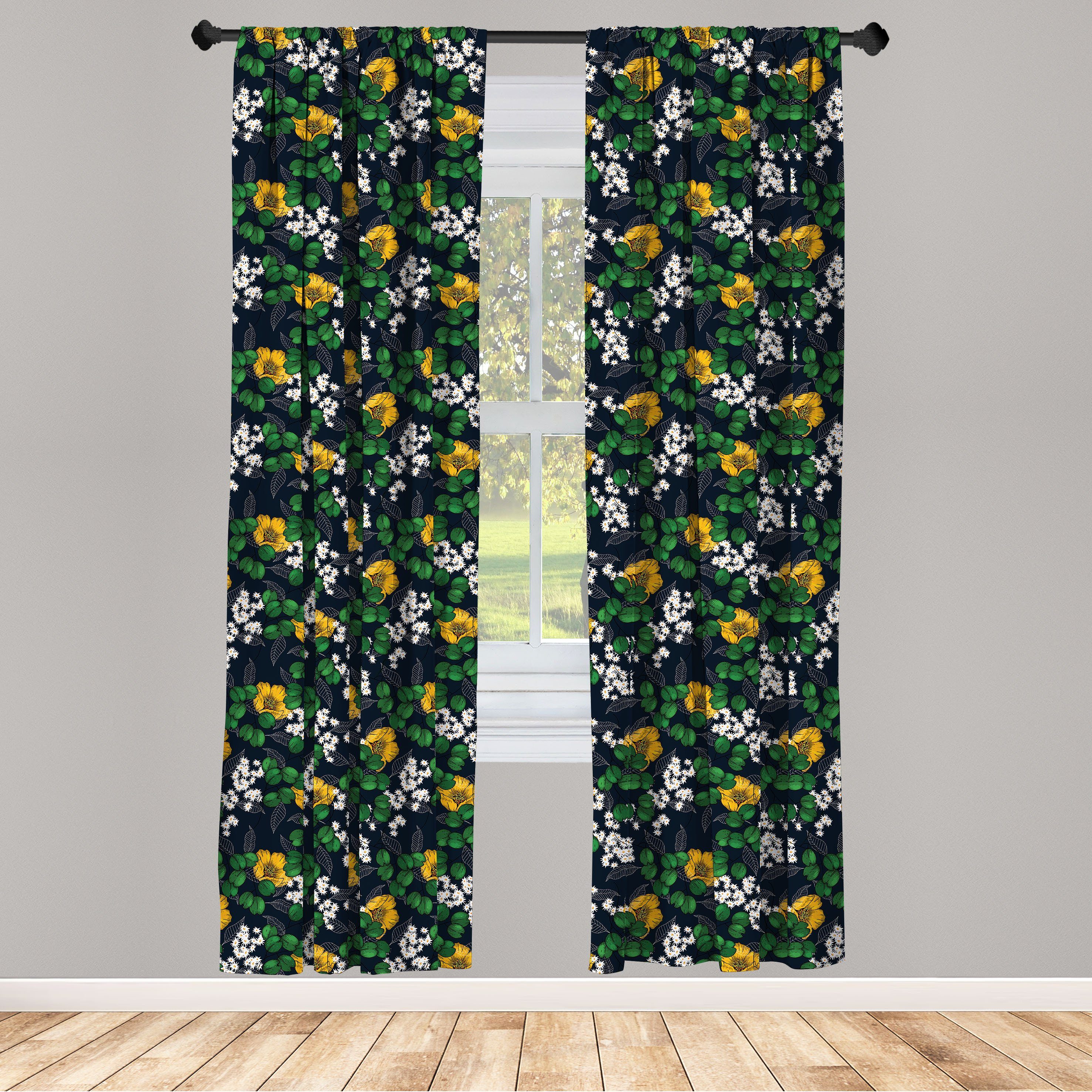 Gardine Vorhang für Wohnzimmer Schlafzimmer Dekor, Abakuhaus, Microfaser, Blumen Blätter Gänseblümchen und Mohnblumen