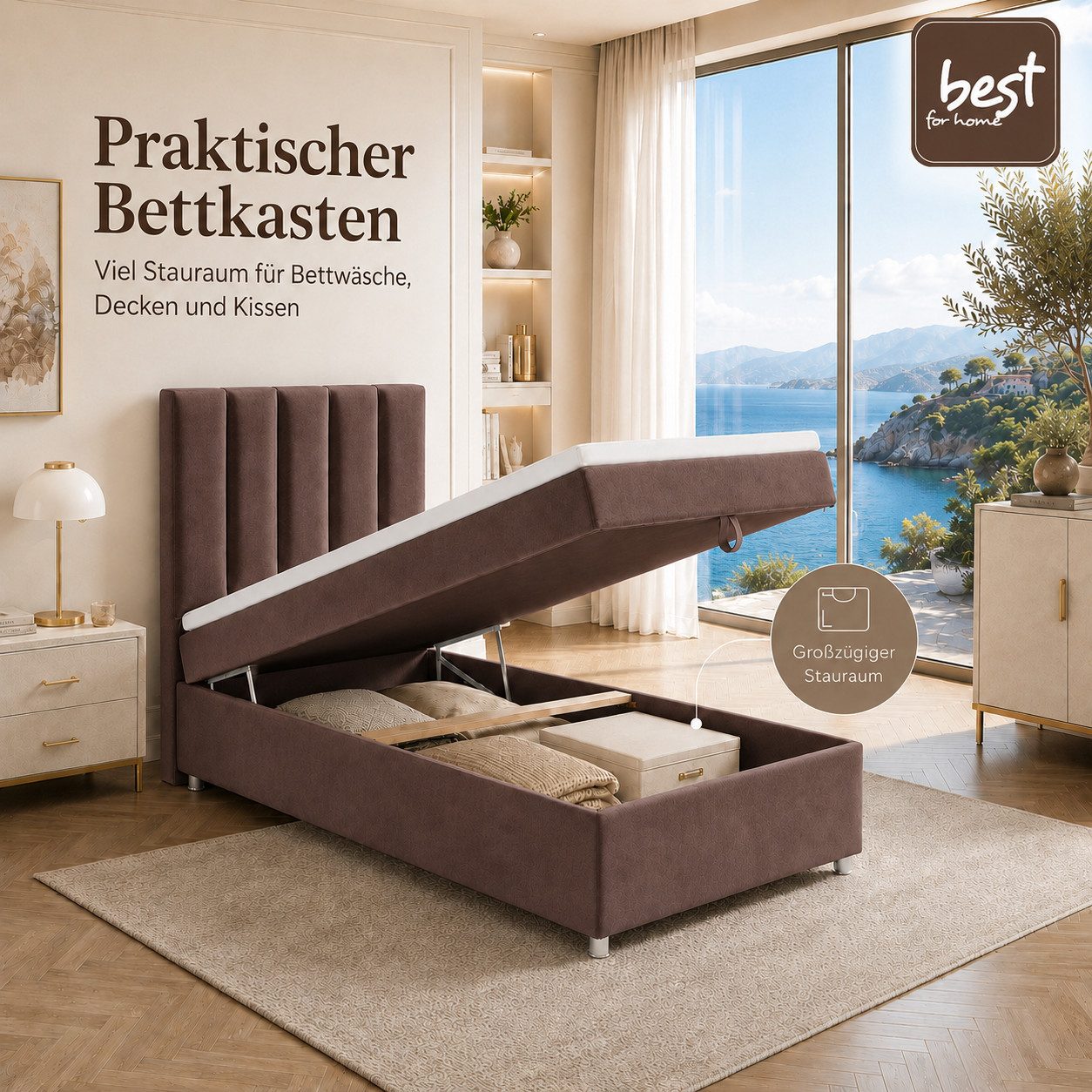 Best for Home Boxspringbett Trinity K10 SINGLE mit Bettkasten & Bonellfederkern, Komfort Topper H3 (Einzelbett, Polsterbett gepolstertes Kopfteil, Jugendbett, Kinderbett versch. Größen, 1-St., 70x200 80x200 90x200 100x200 cm), Stauraum unter dem Bett; Ergonomischer Schlafkomfort; Massivholzrahmen