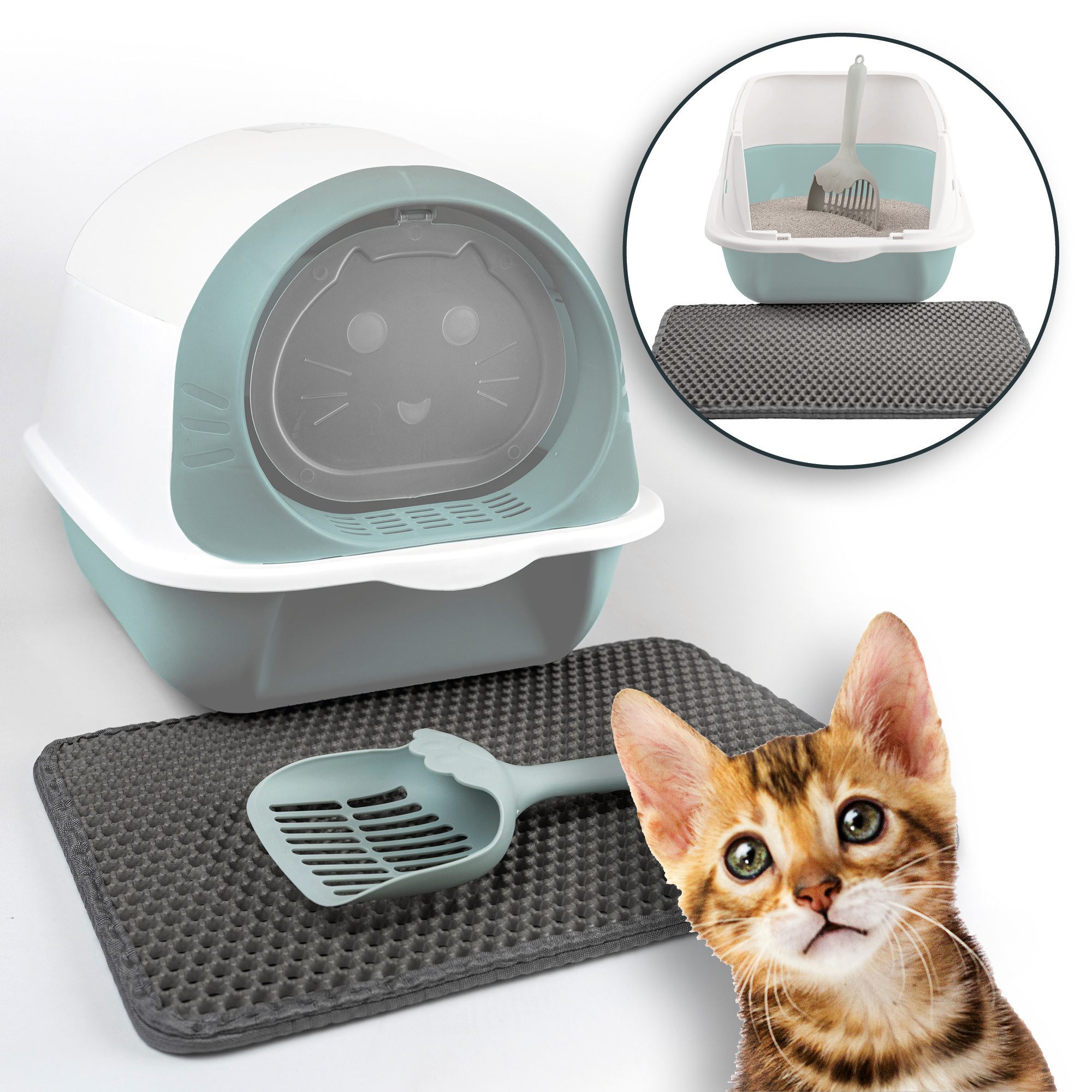 LINUMA Katzentoilette Katzenklo mit Deckel, Streumatte und Schaufel abnehmbar auch offen, Katzenklo auch offen nutzbar inkl. Katzenstreumatte und Schaufel