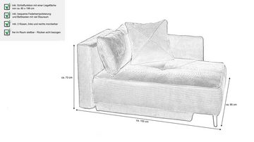 Massivart® Recamiere REX Einzelsofa grau Cord 155 cm, Bettfunktion, Bettkasten, Federkernpolsterung, 2 Zierkissen, Metallfüße