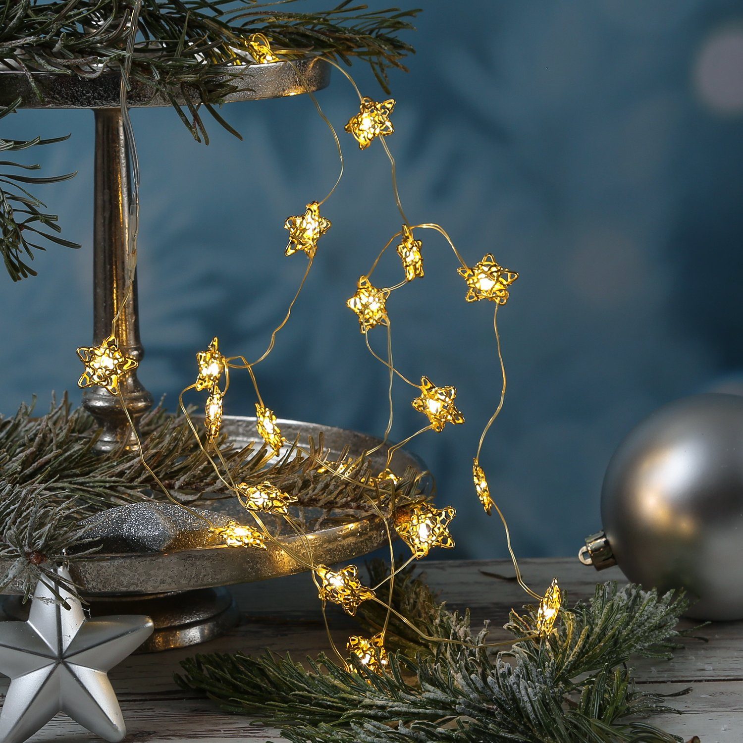 MARELIDA LED-Lichterkette Sterne 20 LED Dekolichterkette Draht Weihnachtsdeko gold, 20-flammig | Lichterketten