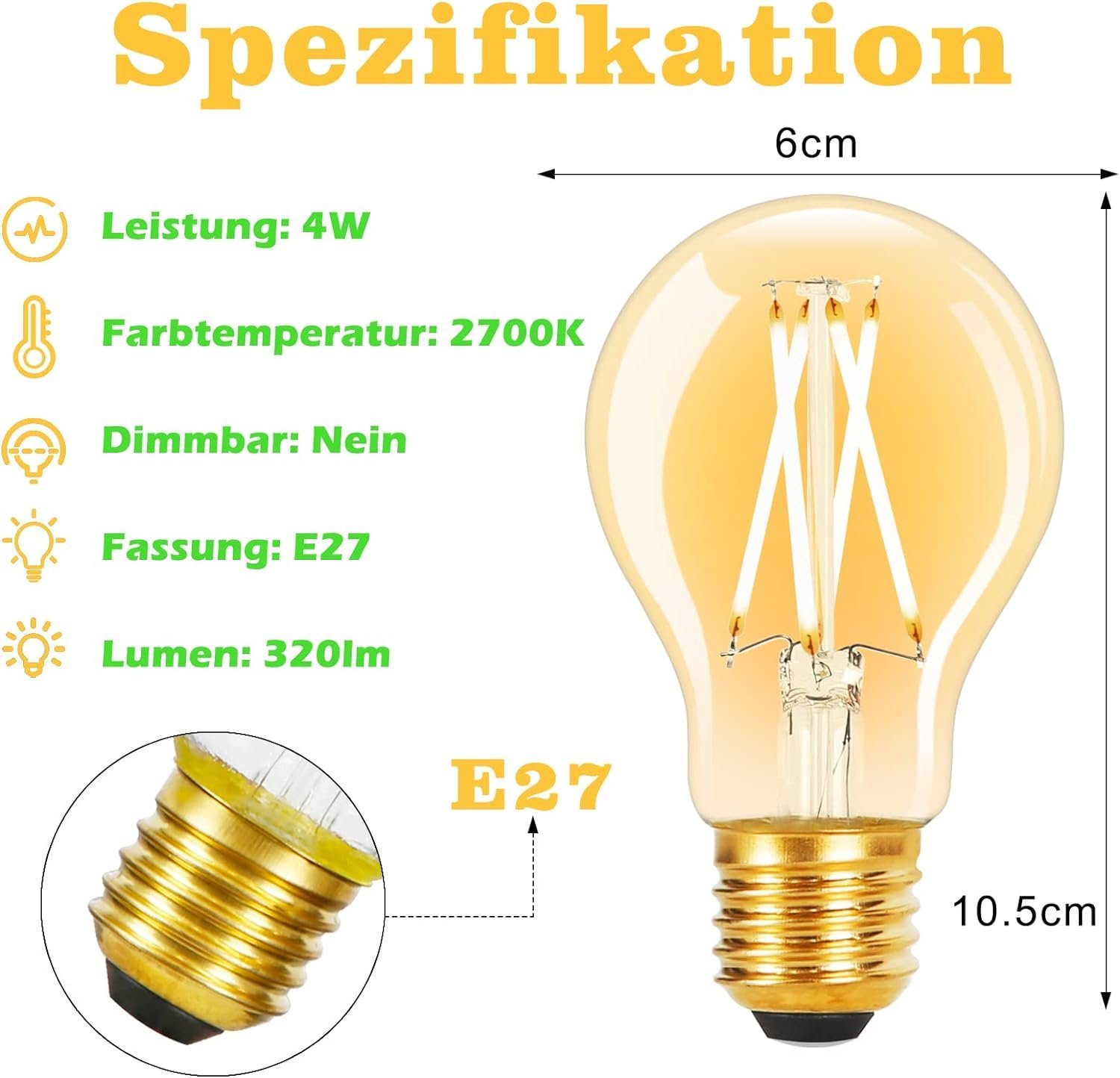 Hotel E27, 6 A60 transparent 2700K Bar Energiesparlampe, Nettlife LED-Leuchtmittel 4W für Haus Glühbirne St., E27 Edison Vintage Warmweiß, Café